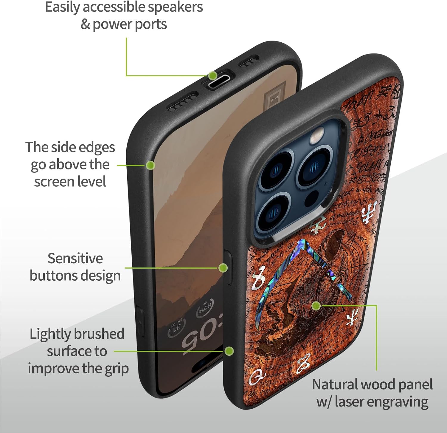 Carveit Wooden Case for iPhone 15 Pro Magnetic Case, Compatible with MagSafe Wireless Chargers, Shockproof Cover, Handmade Shell Inlaid & Wood Artisan Engraved (The Grim Reaper of Carved) Rosy