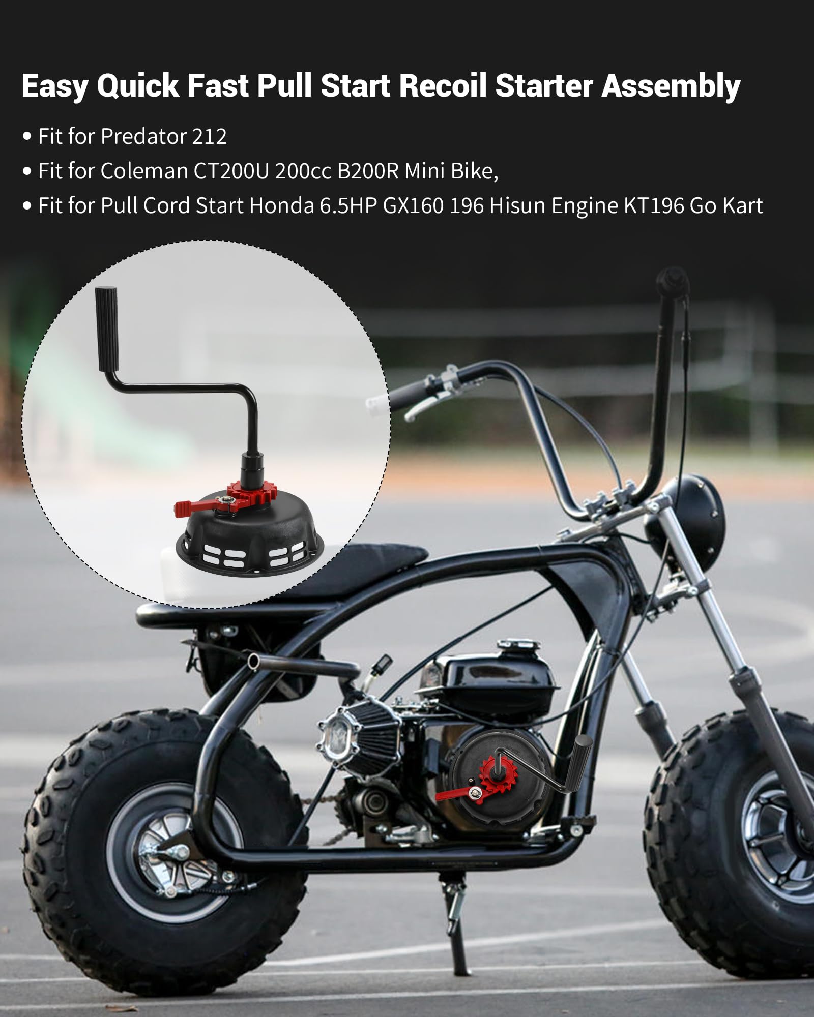Conjunto de arranque de retroceso fácil y rápido mejorado compatible con Predator 212, Coleman CT200U 200cc B200R Mini Bike, cable de arranque Honda 6.5HP GX160 196 Hisun Engine KT196 Go Kart, negro