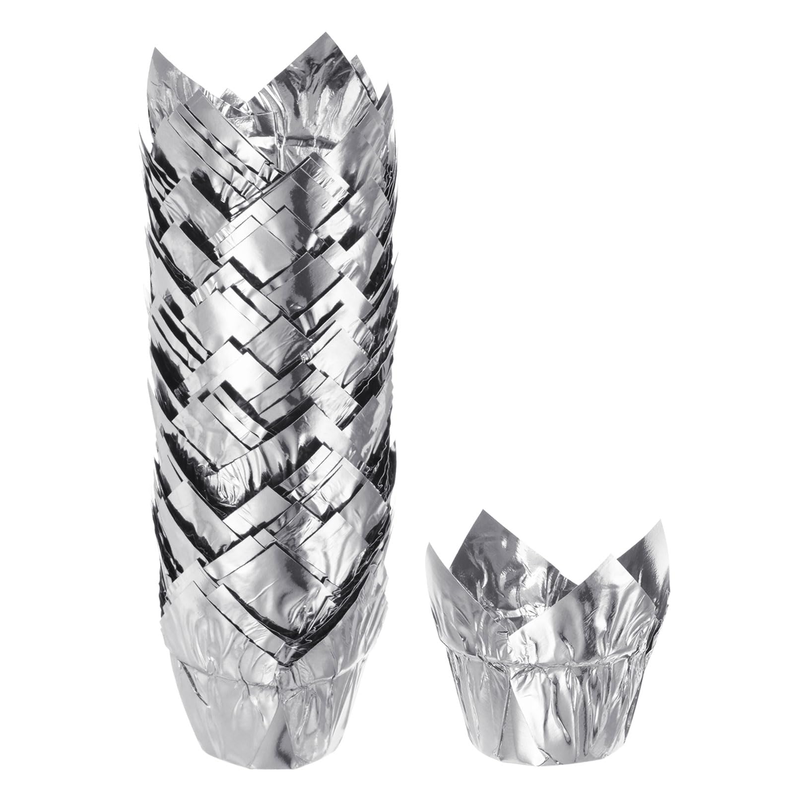 HARFINGTON 50Pcs Tulip Cupcake Liners Standard Aluminum Foil Baking Cups Greaseproof Wrappers Disposable for Birthday Banquets Party, Silver Tone