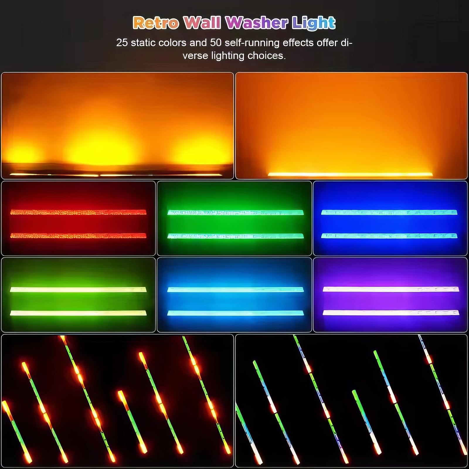 Luces LED de pared, barra de luces LED para escenario con 6 LED COB ámbar y RGB de fondo, efectos multicolor, control de estrobo y píxeles, DMX, activación por voz, luz estroboscópica para discotecas