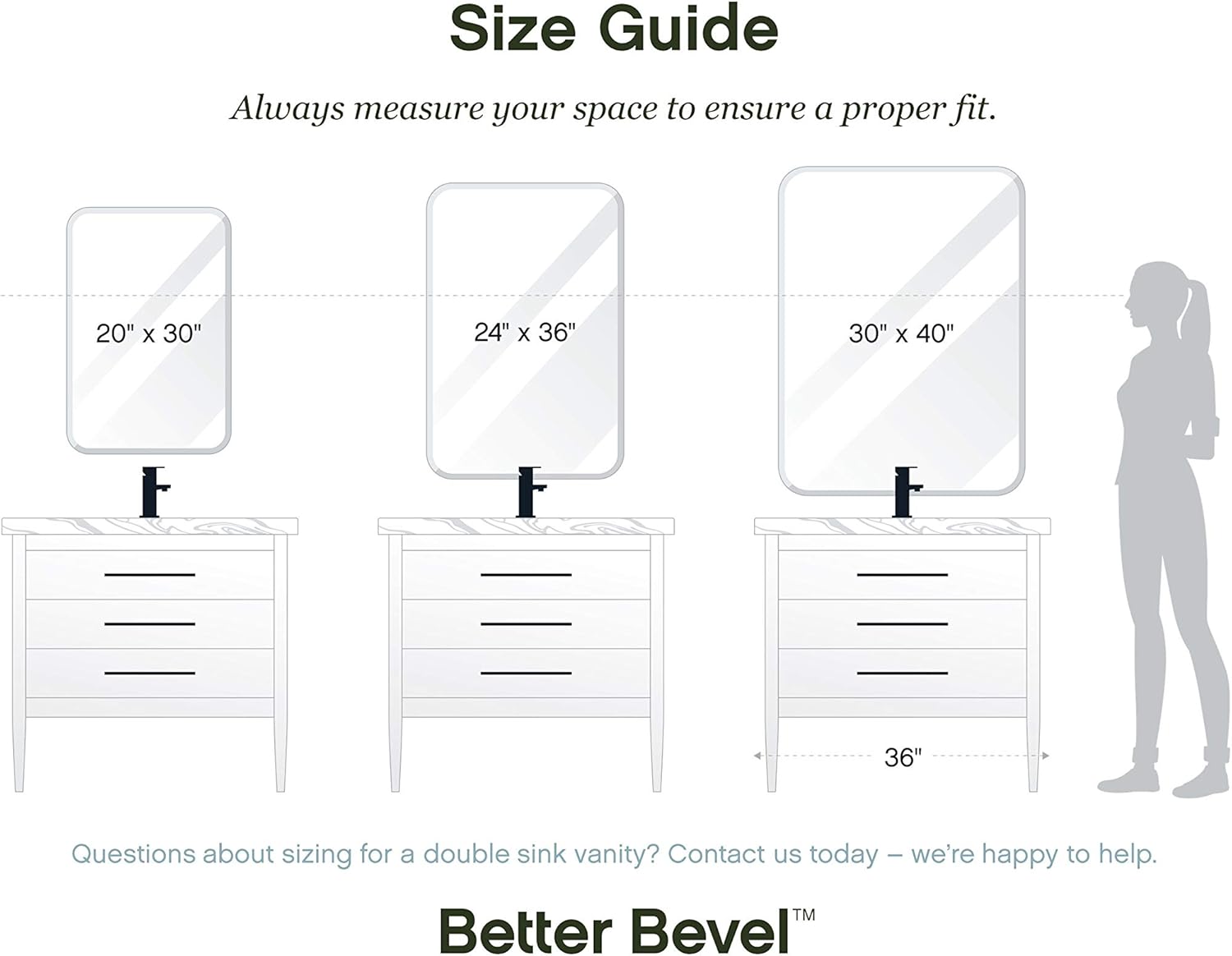 Better Bevel 24" x 36" Frameless Rounded Corner Rectangle Mirror | 1" Beveled Edge | Bathroom Wall Mirror