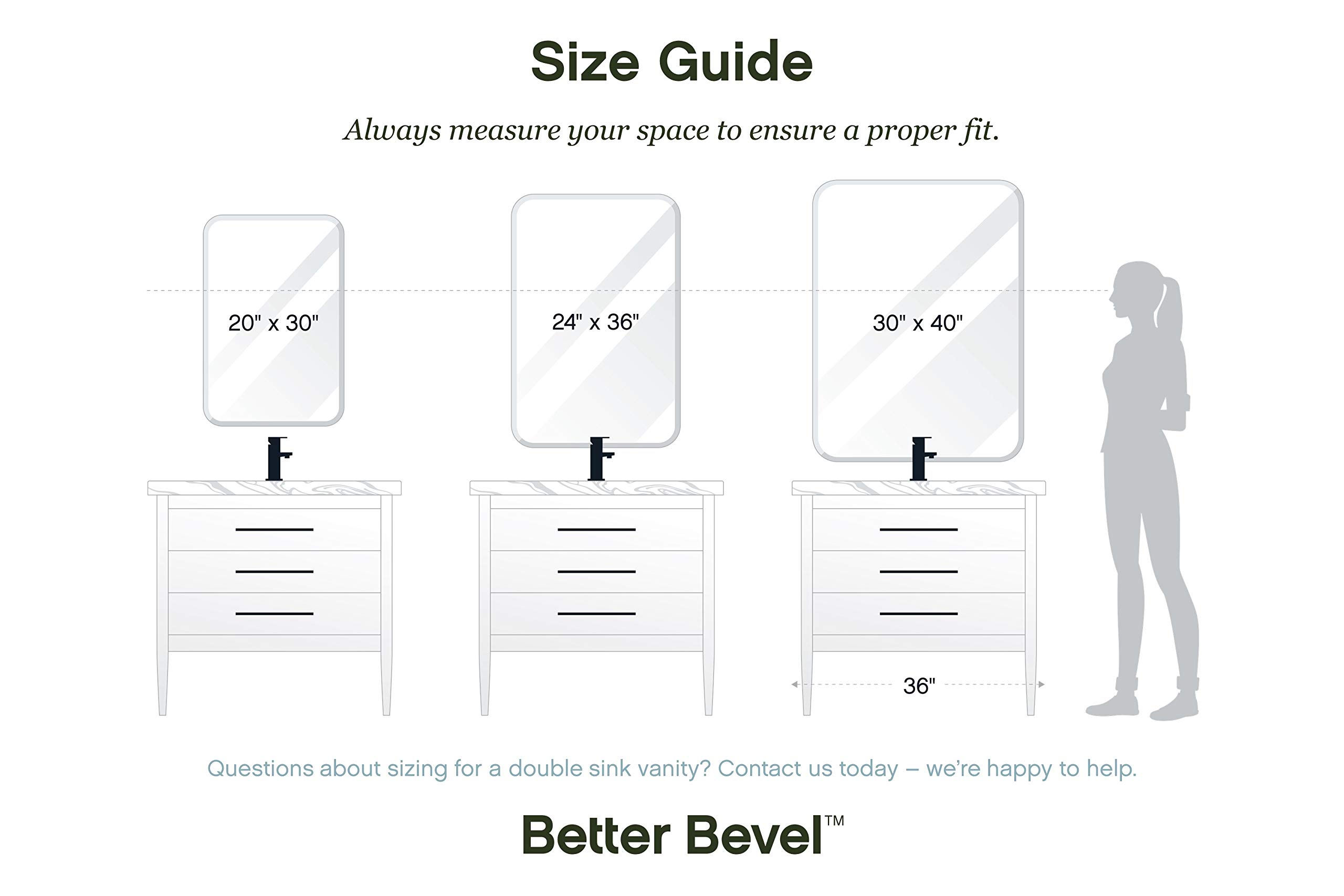 Better Bevel 61 cm x 91 cm Bezramowe zaokrąglone narożne prostokątne lustro | 2,5 cm fazowana krawędź, lustro łazienkowe