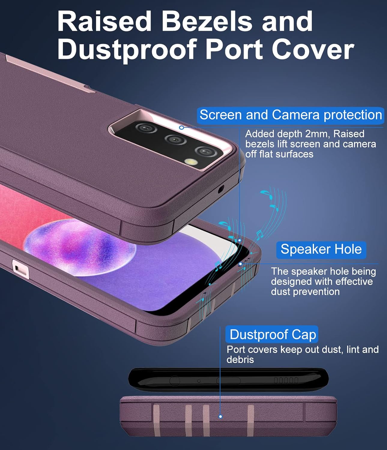 Dahkoiz for Samsung Galaxy A03S Case, with Tempered Glass Screen Protector and Dust Proof Port Cover, Full Body Protection Rubber Cover Phone Case for Samsung Galaxy A03S/A02S, Pink/Purple