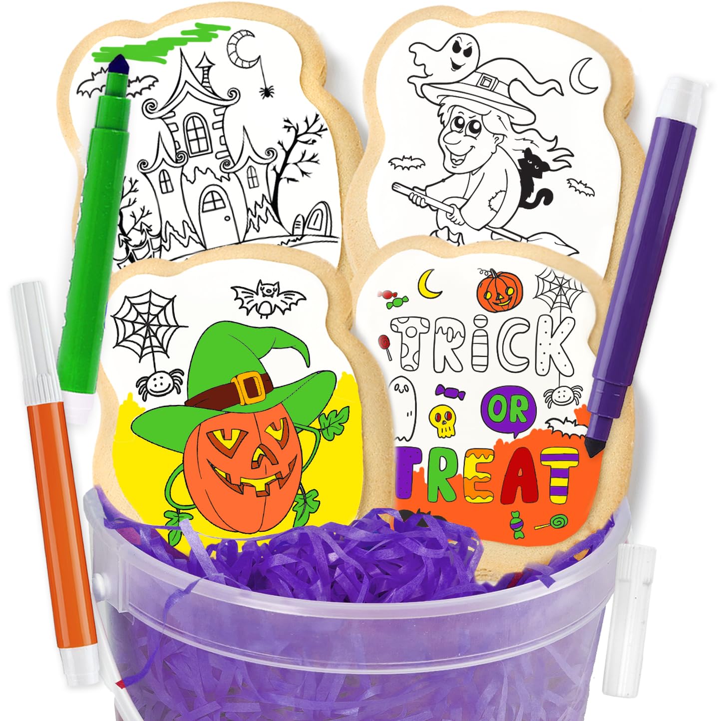 Halloween Cookies Decorating Kit Coloring Gift For Kids Food | 4 Jumbo Cookies + 3 Edible Markers | Individually Wrapped | Activities Pumpkin Witch Ghost Holiday Fall