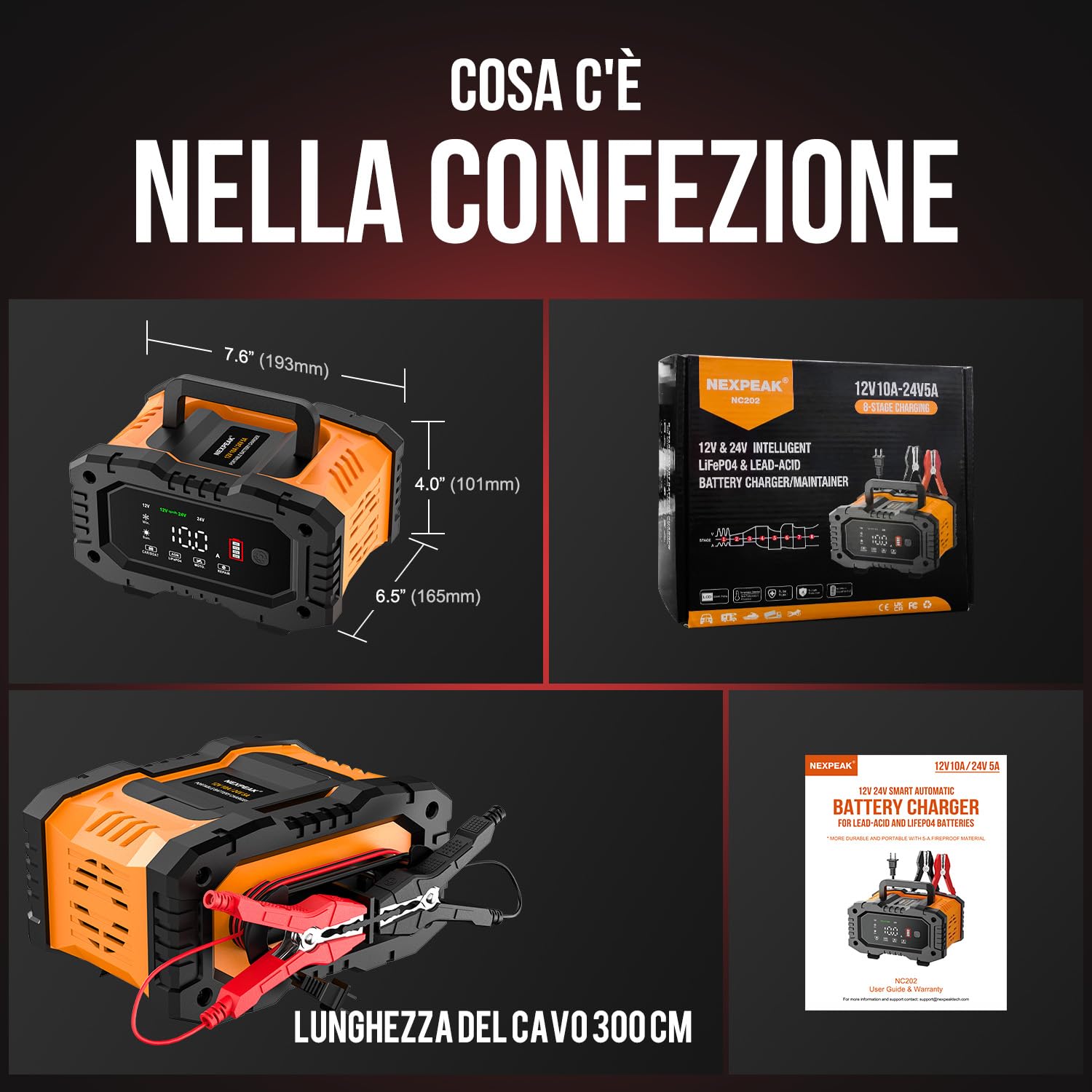 Caricabatterie Intelligente 10A, Caricabatterie per Auto LiFePO4 12V 24V, Mantenitore Automatico della Batteria con Compensazione della Temperatura per Auto Moto Camion, AGM, Gel, Bagnato, SLA