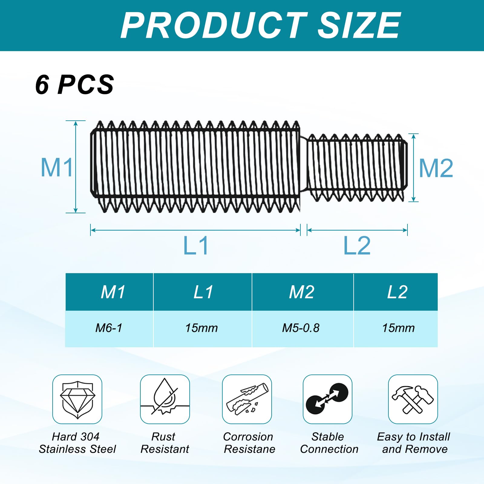 PATIKIL M5x15 to M6x15 Double End Threaded Stud Screw Bolt - Image 2