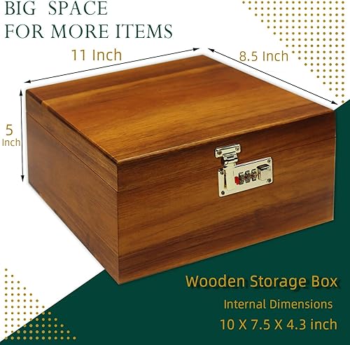 Miniatura 6 de Large Wooden Box with Hinged Lid with Combination Lock,Wood Storage Box Decorative Lockable Chest for Keepsakes, Valuables, Accessories, Treasured