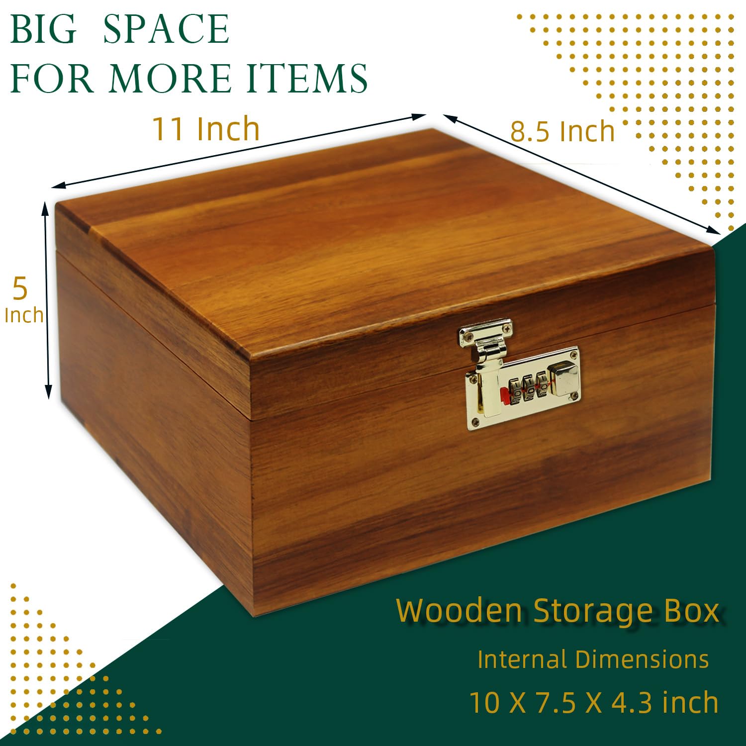 MFLUEEWR Grande scatola di legno con coperchio incernierato con serratura a combinazione con divisore regolabile, scatola decorativa in legno con serratura per ricordi, oggetti di valore, accessori,