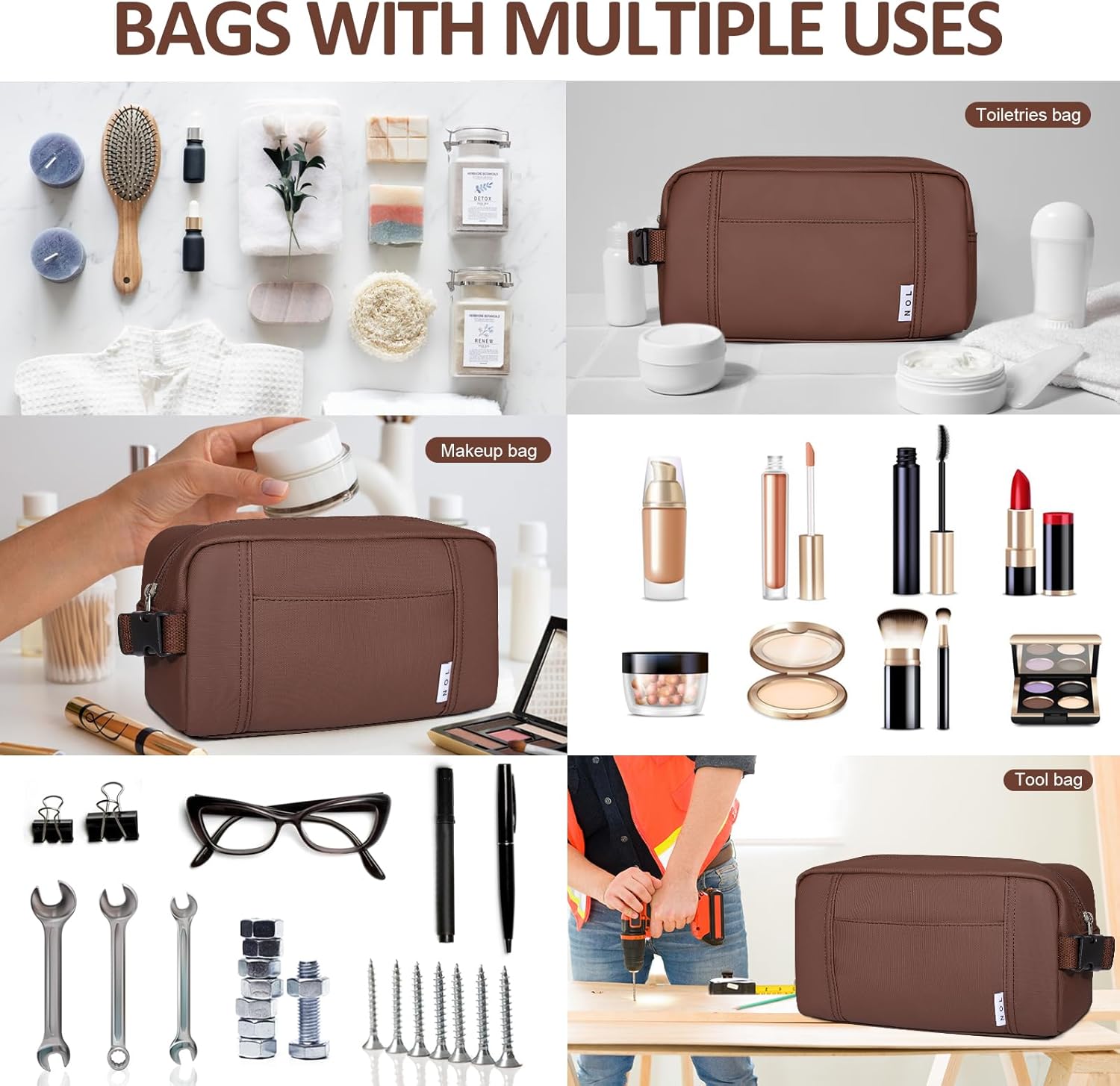 NOL Natural Organic Lifestyle Nylon Waterproof Makeup Bag Lightweight Travel Toiletry Bag for Adults, Reusable, Zip Closure with Buckle Handle, Snack Bag, Travel Cosmetic Bag, Coffee - Image 5