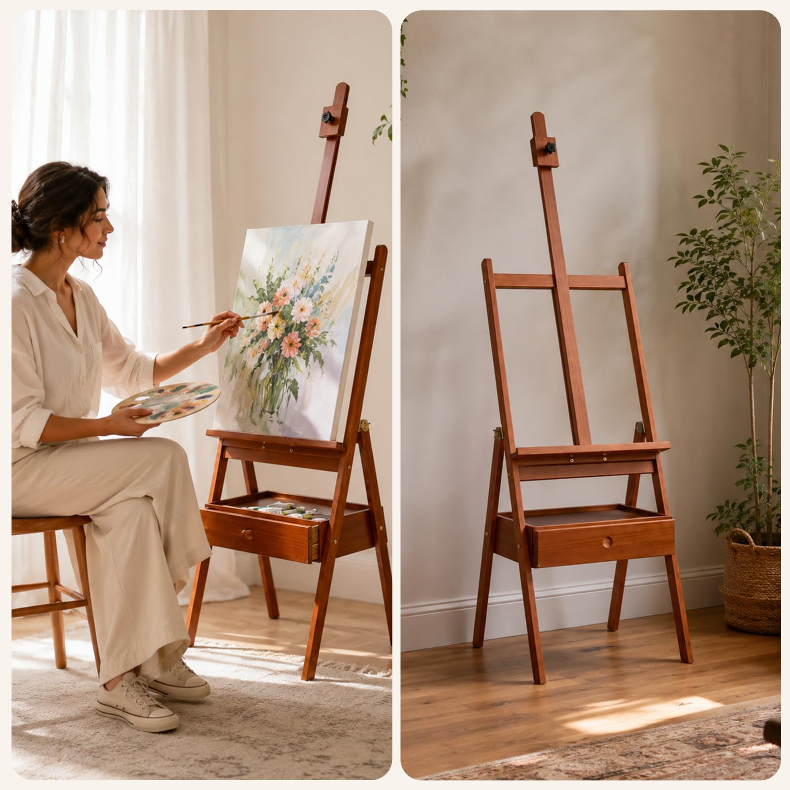 DJAR Caballete de Pintura en H Grande con Cajón y Estante, Caballete de Madera Premium para Artistas y Estudiantes, Soporta Lienzos hasta 88 cm, Nogal