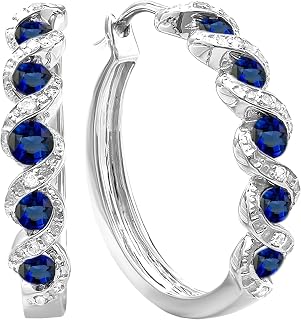 Round Lab Created Gemstone & White Diamond Hoop Earrings, Sterling Silver, Diamond,Created Blue Sapphire,Sterling Silver, Sapphire