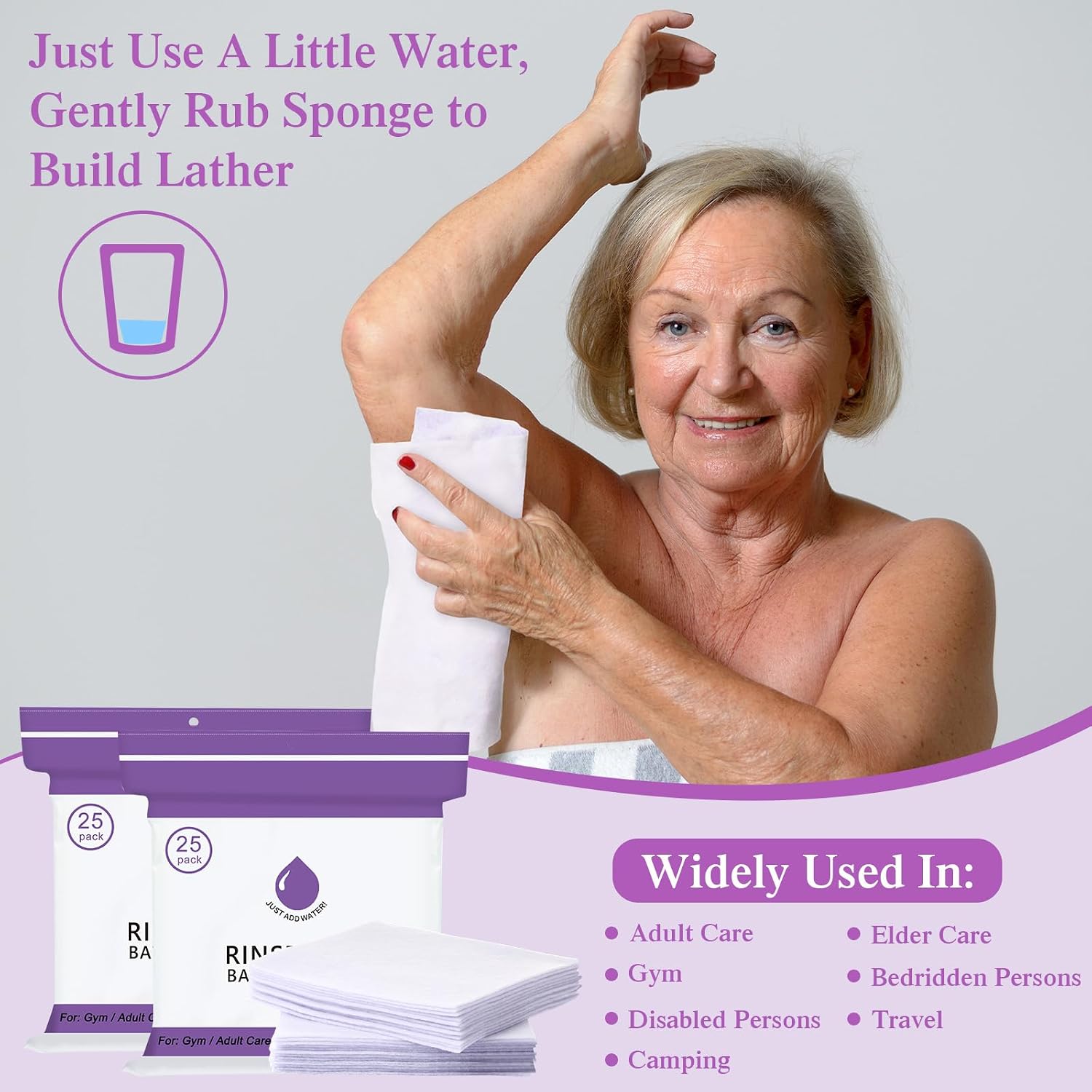 VitalCozy 200 Pcs Disposable No Rinse Bathing Wipes Bulk All-in-1 Rinse Free Bath Sponges Lavender Single Use Shower Wipes Sponges Bath Wipes Disposable Wash Cloths for Adults, Elderly, Campers