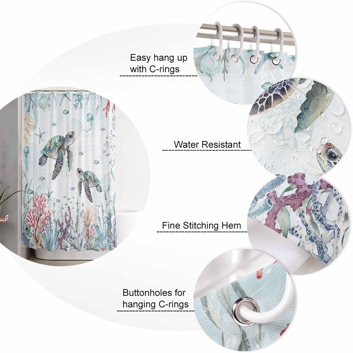 Sea Turtle Coastal Waterproof Shower Curtains Set - Extra Long 72 x 96 Inch, Blue Ocean Coral Nautical Polyester Fabric Bathroom Curtain with 12 Hooks, Beach Bathroom Accessories, 1 Panel