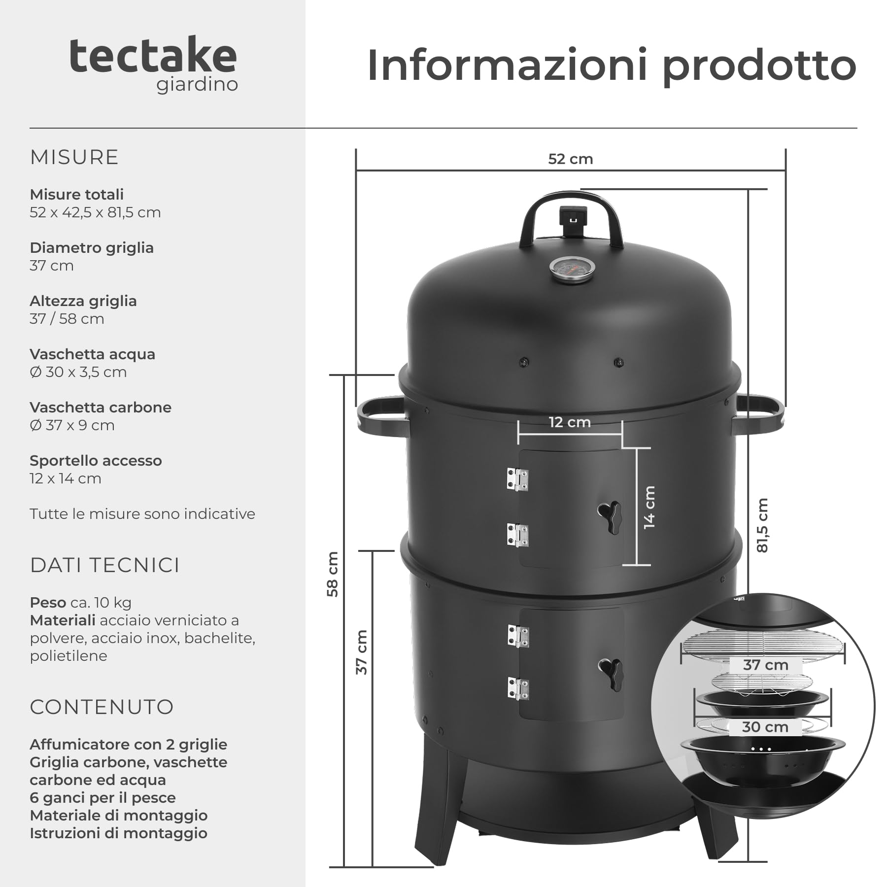 tectake® Affumicatore a Barile Ø 41 cm, 3 in 1, 2 Roste, Con Termometro | Affumicatore da Giardino per Grigliare, Affumicare, Cuocere, Sfiato Regolabile, Griglia Carbonella, Vaschetta Acqua - Nero