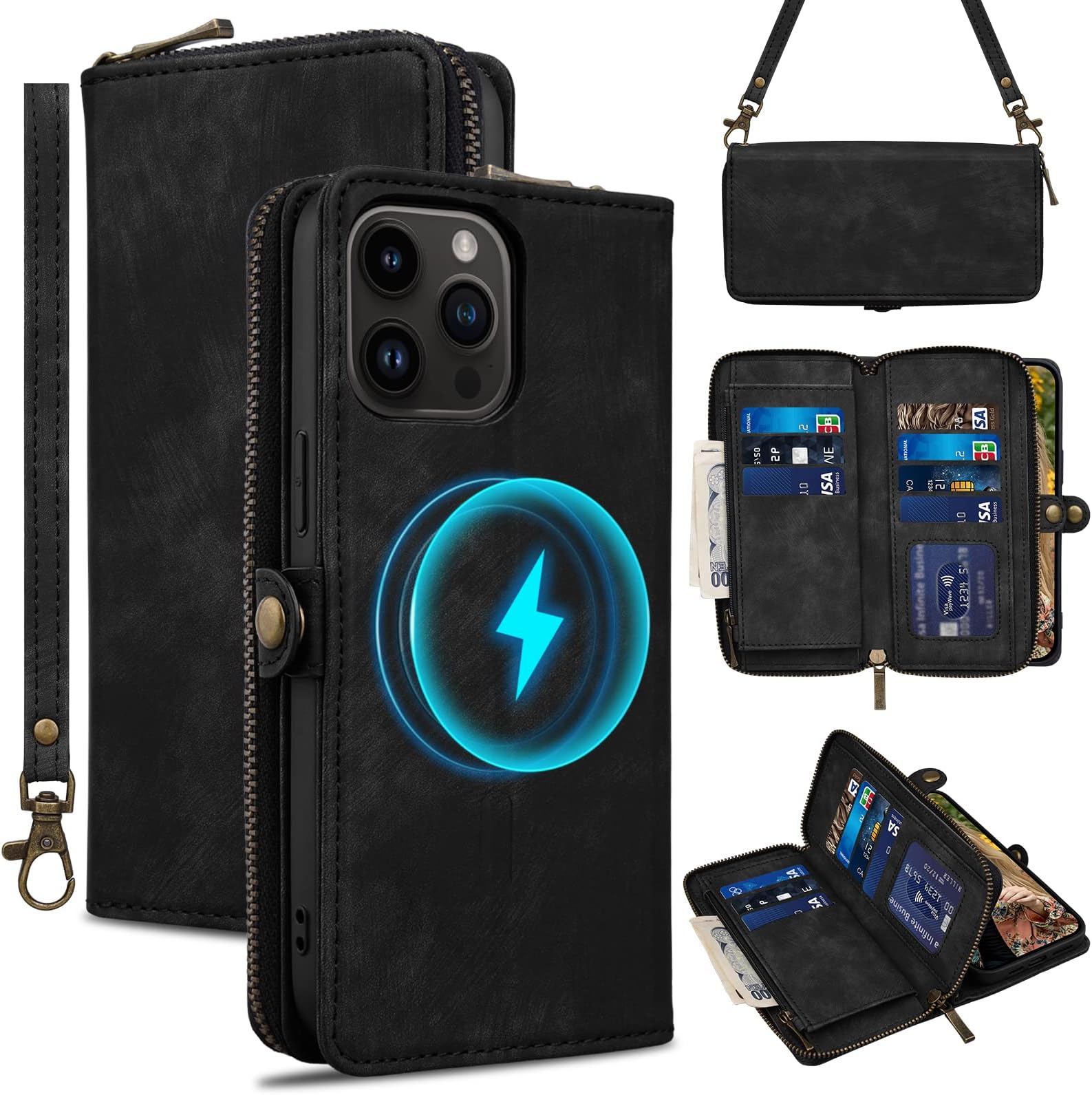 Rssvissfor iPhone 14 Pro Case Wallet Cover for Women Men, 【RFID Blocking】【Magsafe】 Credit Card Holder Leather Strap Zipper Wristlet Flip iPhone 14 Pro Case with Magnetic Shockproof 6.1" Black