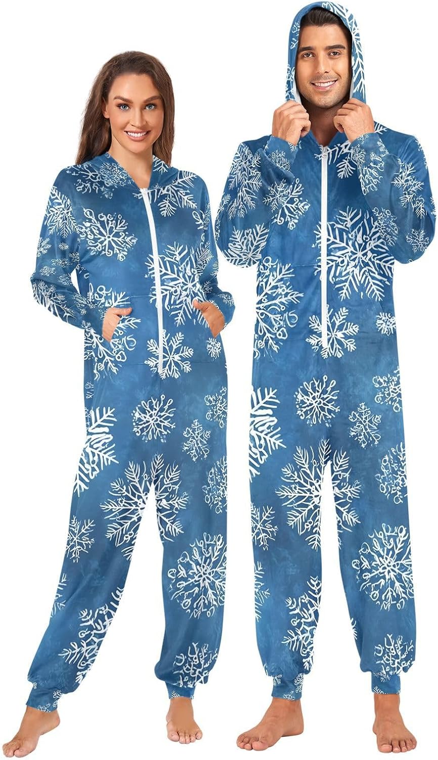 White Snowflakes Blue Ice D Adult Onesie Pajamas for Unisex Novelty One Piece Costume Sleepwear