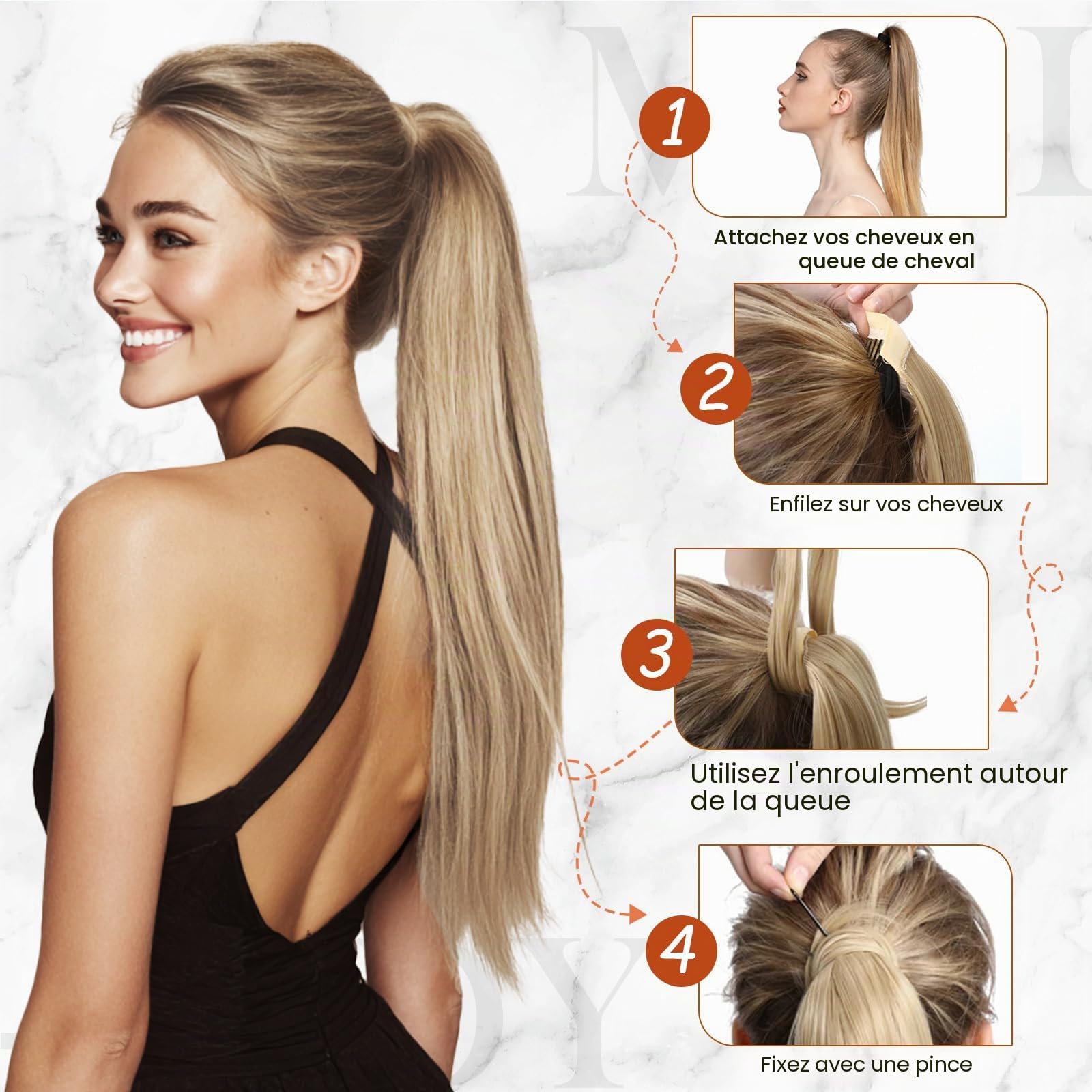 MY-LADY Extension Queue de Cheval Cheveux, 35cm Postiche Queue de Cheval Naturel, Rajout Cheveux Longue Ponytail Lisse Wrap Around #12P613 Brun Doré& Blond 80g