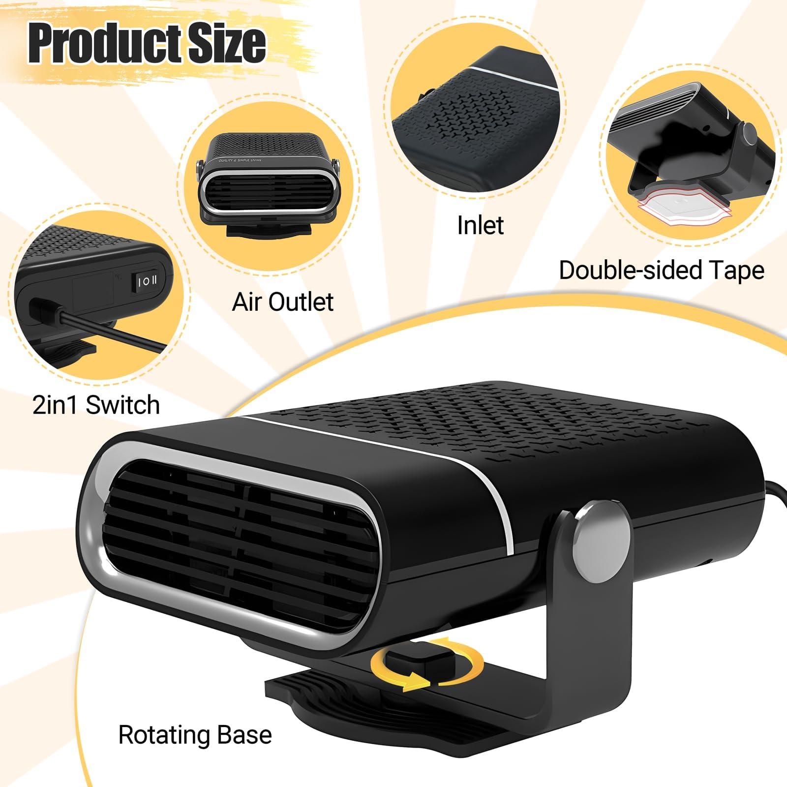 Riscaldatore per auto, kit sbrinatore portatile invernale per auto, 12 V, per parabrezza dell'auto che si collega all'accendisigari