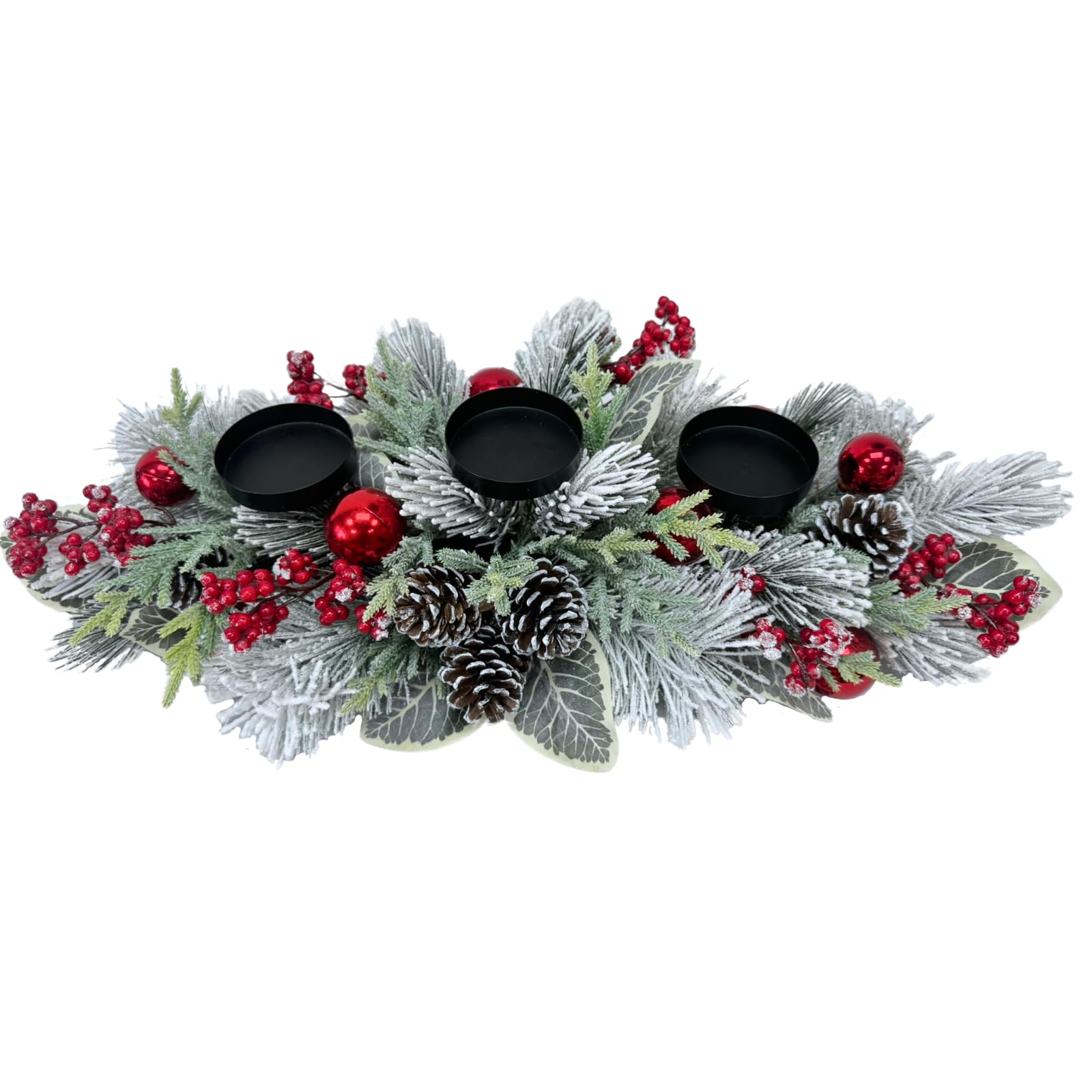 Svndlyn Portavelas de Navidad, 3 portavelas, centro de mesa de Navidad con ramas de pino nevadas, piñas, bayas rojas