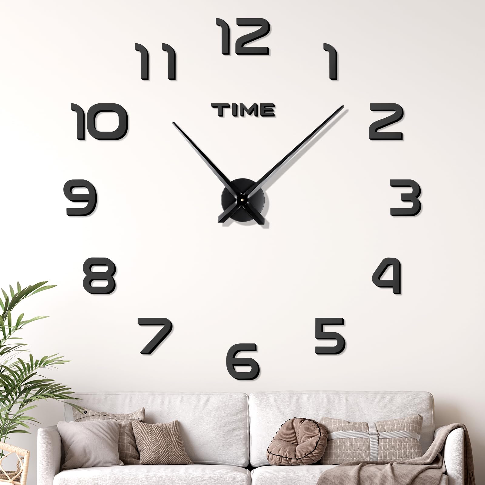 JIZZU 3D Stick on Wall Clock Large Modern, Wall Clocks for Living Room, 3D Self Adhesive DIY Frameless Large Wall Clock Modern Arabic Numerals for Living Room Kitchen Bedroom Office Home(Black)