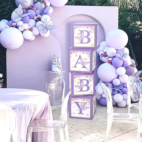 Miniatura 3 de Decoraciones de cajas de baby shower de mariposa morada, 4 cajas de globos morados con letra de bebé, letras impresas, decoración de centro de mesa