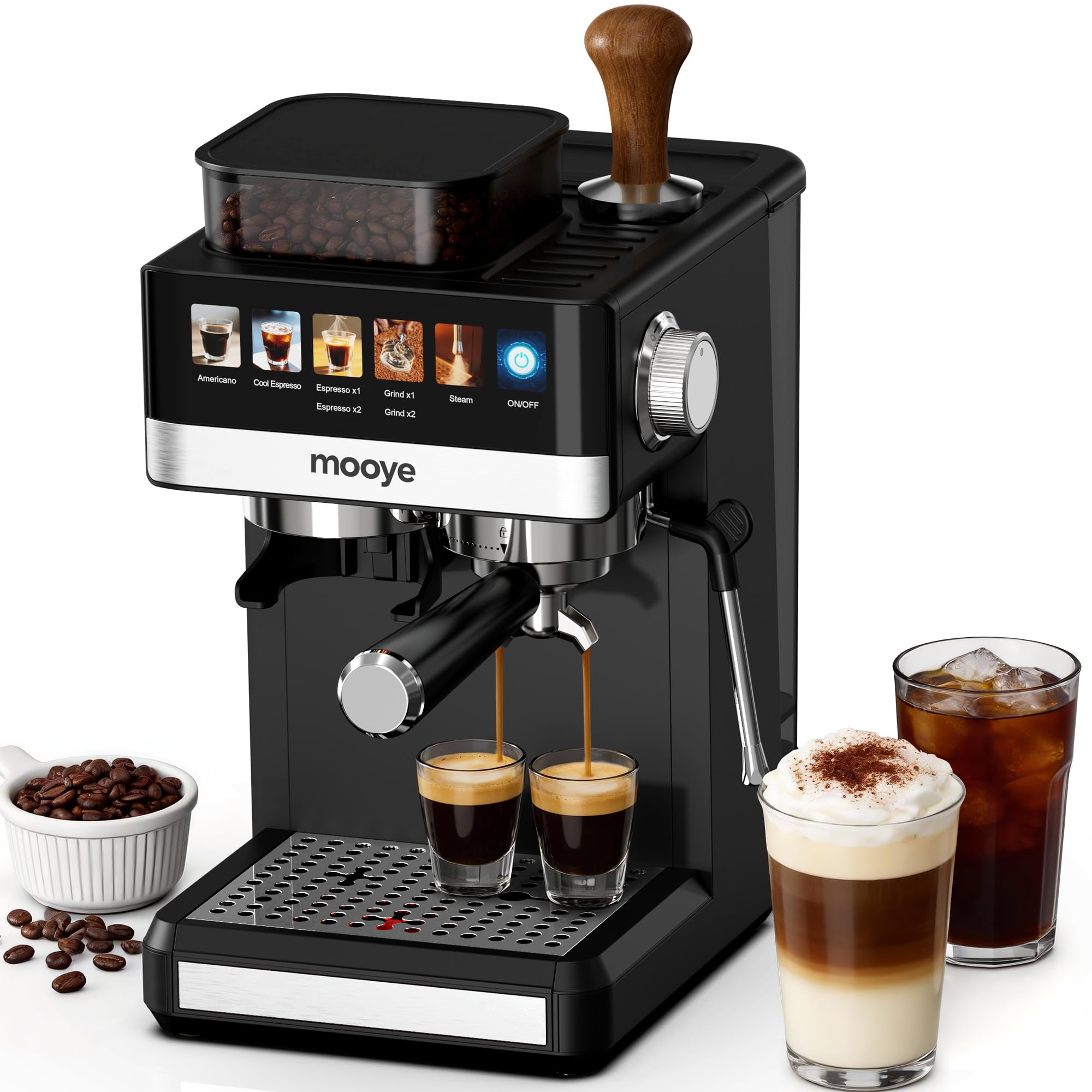 Mooye Espresso Machine with Grinder,20Bar Compact Espresso Maker with Steam Milk Frother,Coffee Maker for Home - Cappuccino Latte & Cold Brew Iced