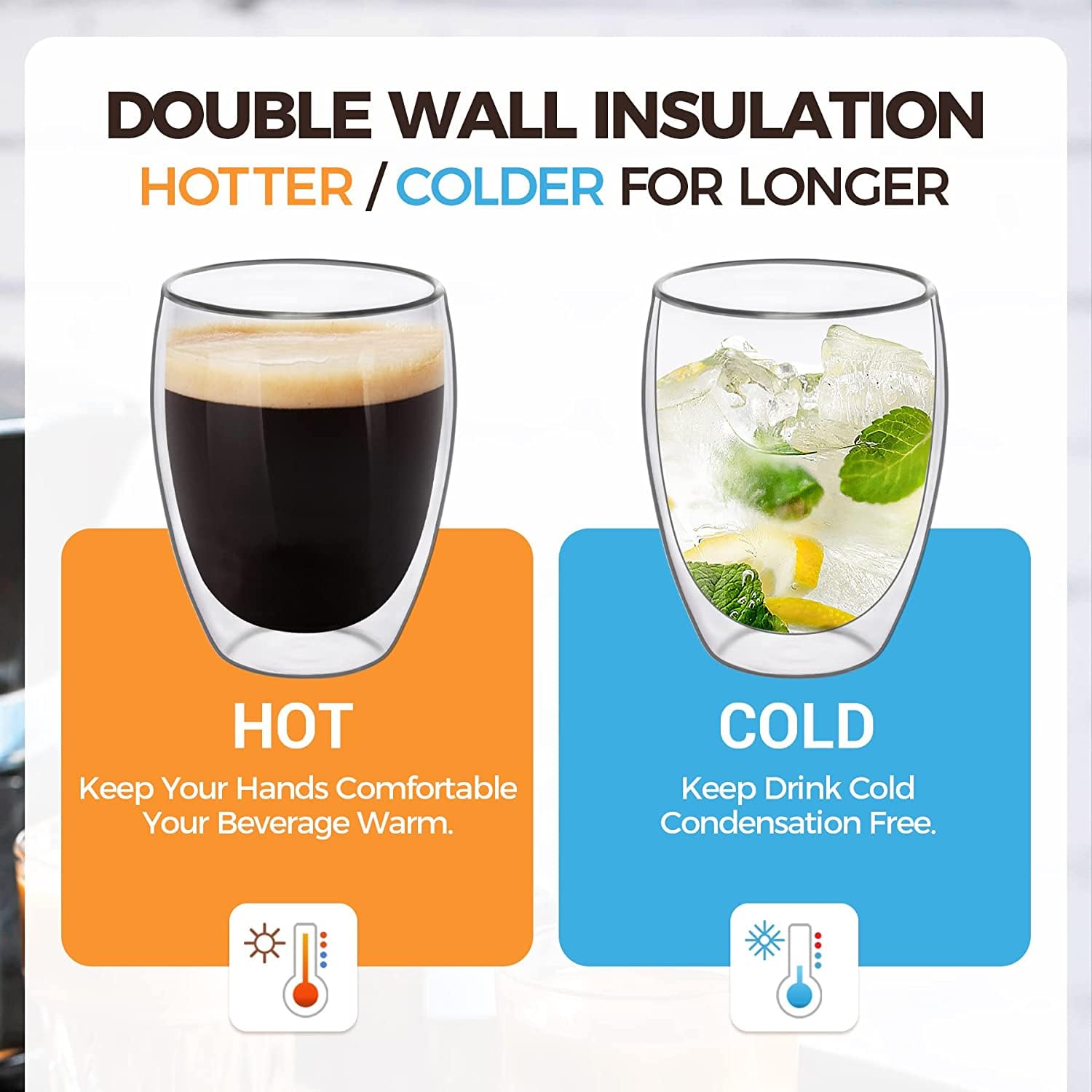 Wosta Glass Coffee Mugs 350 Ml/12Oz, Double Wall Insulated Thermal Cups Drinking Glasses for Tea/Coffee/Latte/Cappucino/Cafe/Milk, Clear (2) 3