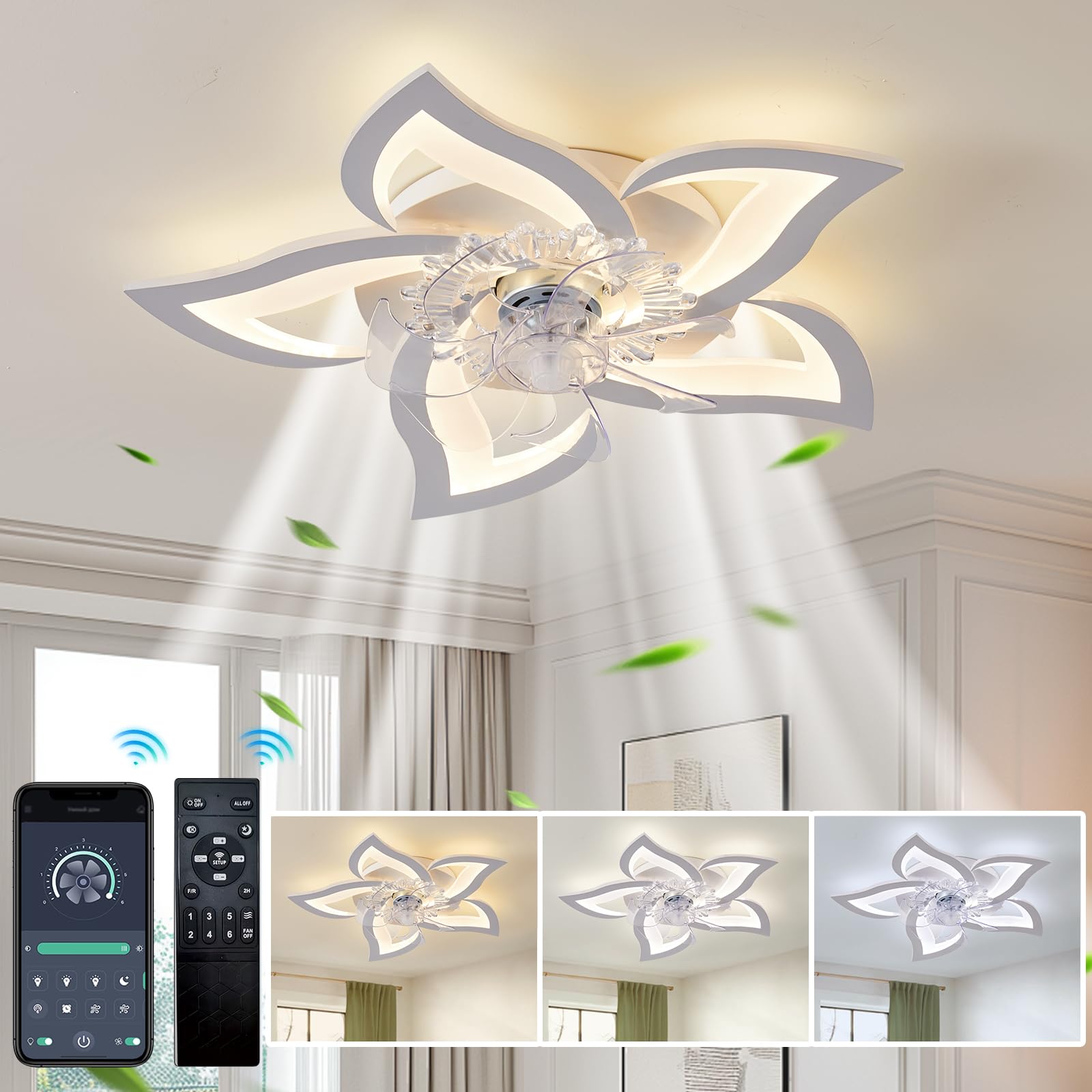 REYDELUZ Ventilador de Techo con Luz LED Regulable Lámpara de Techo Moderna con Control Remoto 3 Temperatura de Color y 6 Velocidades Ventilador De Techo con Iluminación para Dormitorio Restaurante