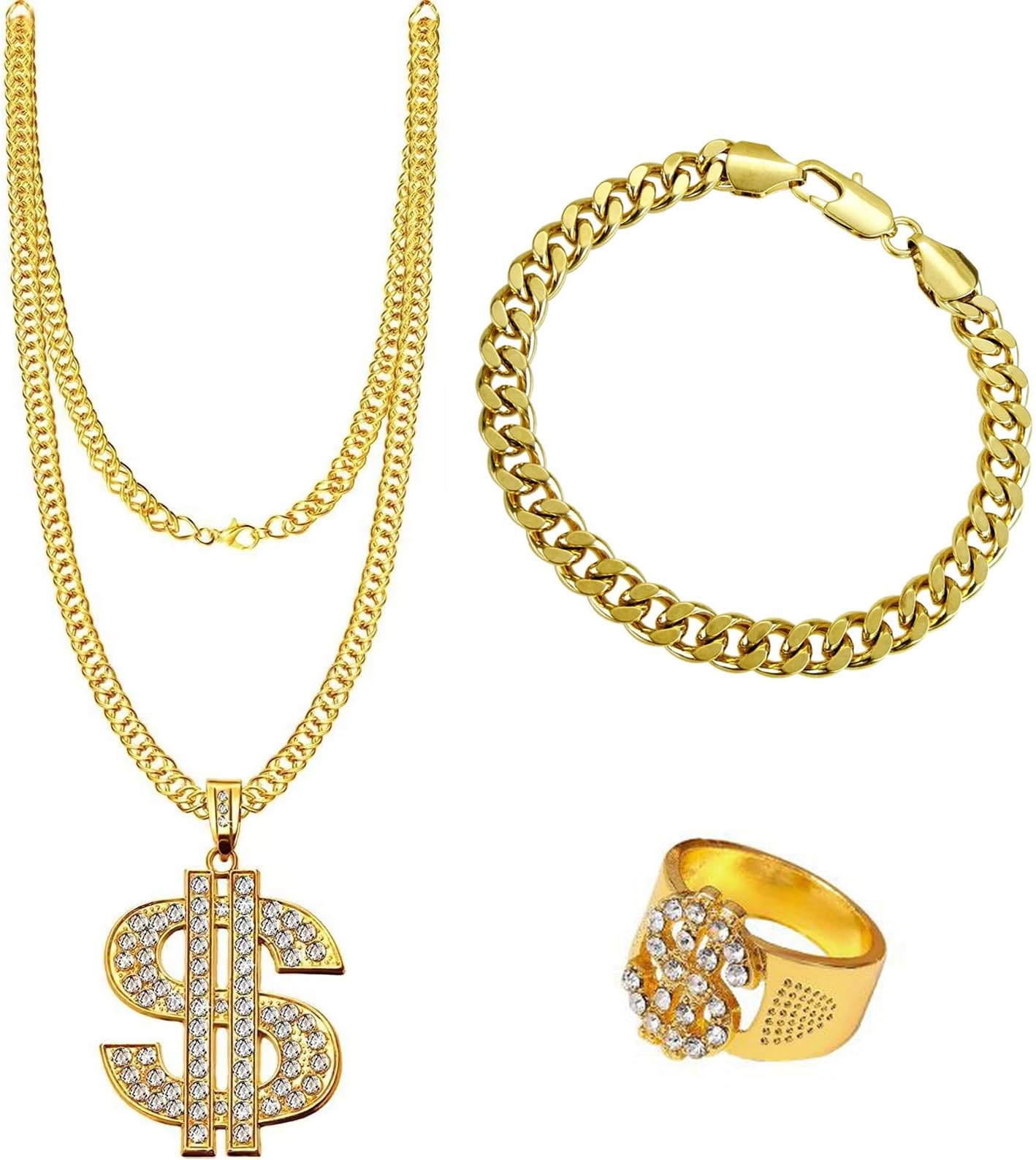 MORJCG3Pcs Hip Hop Costume, Fake Gold Chain, Dollar Sign Necklace, Rapper Costume, Dollar Necklace, Dollar Ring, Rapper Fancy Dress, Hip Hop Fancy Dress, 90s Accessories for Rapper Women Men Party Supplies