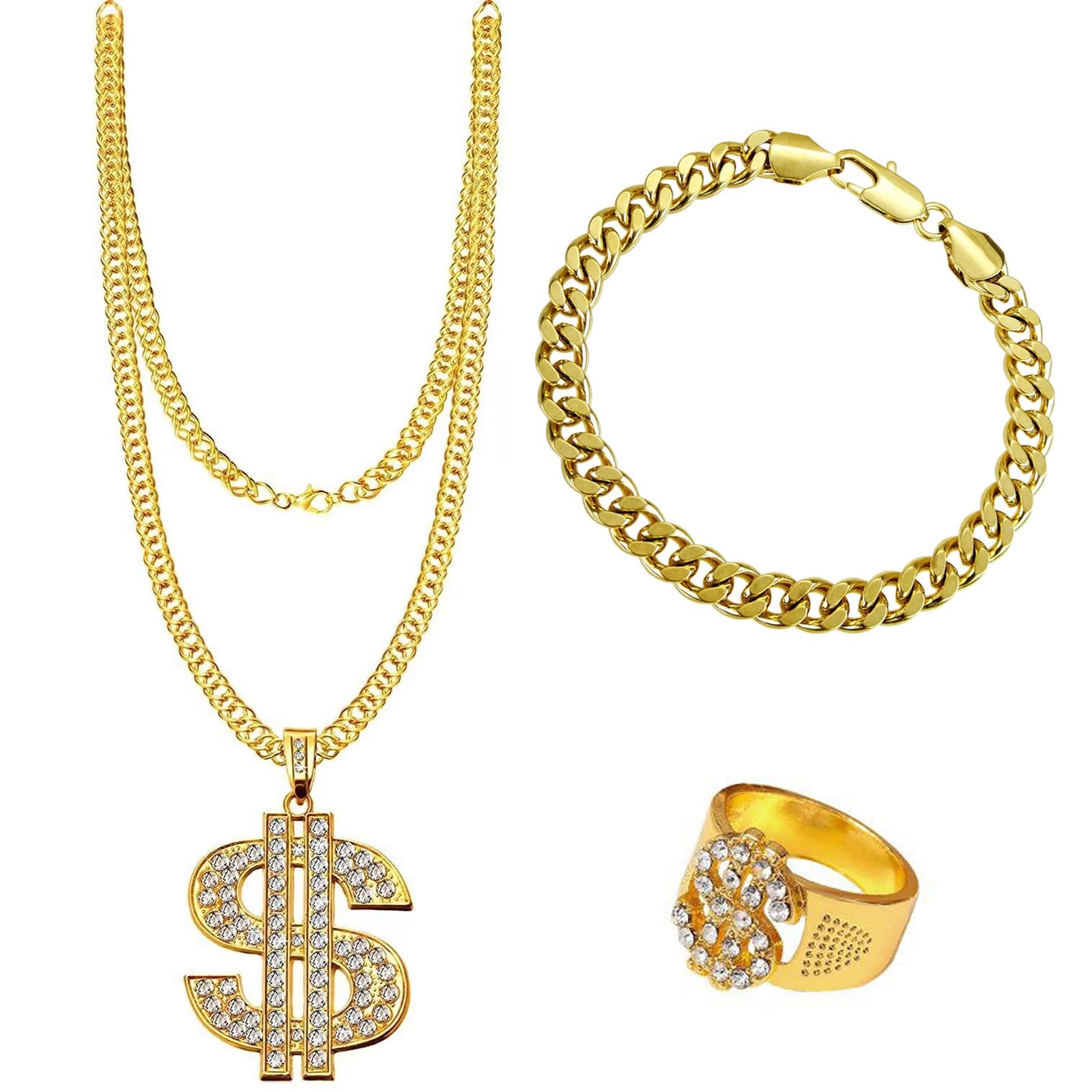 MORJCG3Pcs Hip Hop Costume, Fake Gold Chain, Dollar Sign Necklace, Rapper Costume, Dollar Necklace, Dollar Ring, Rapper Fancy Dress, Hip Hop Fancy Dress, 90s Accessories for Rapper Women Men Party Supplies