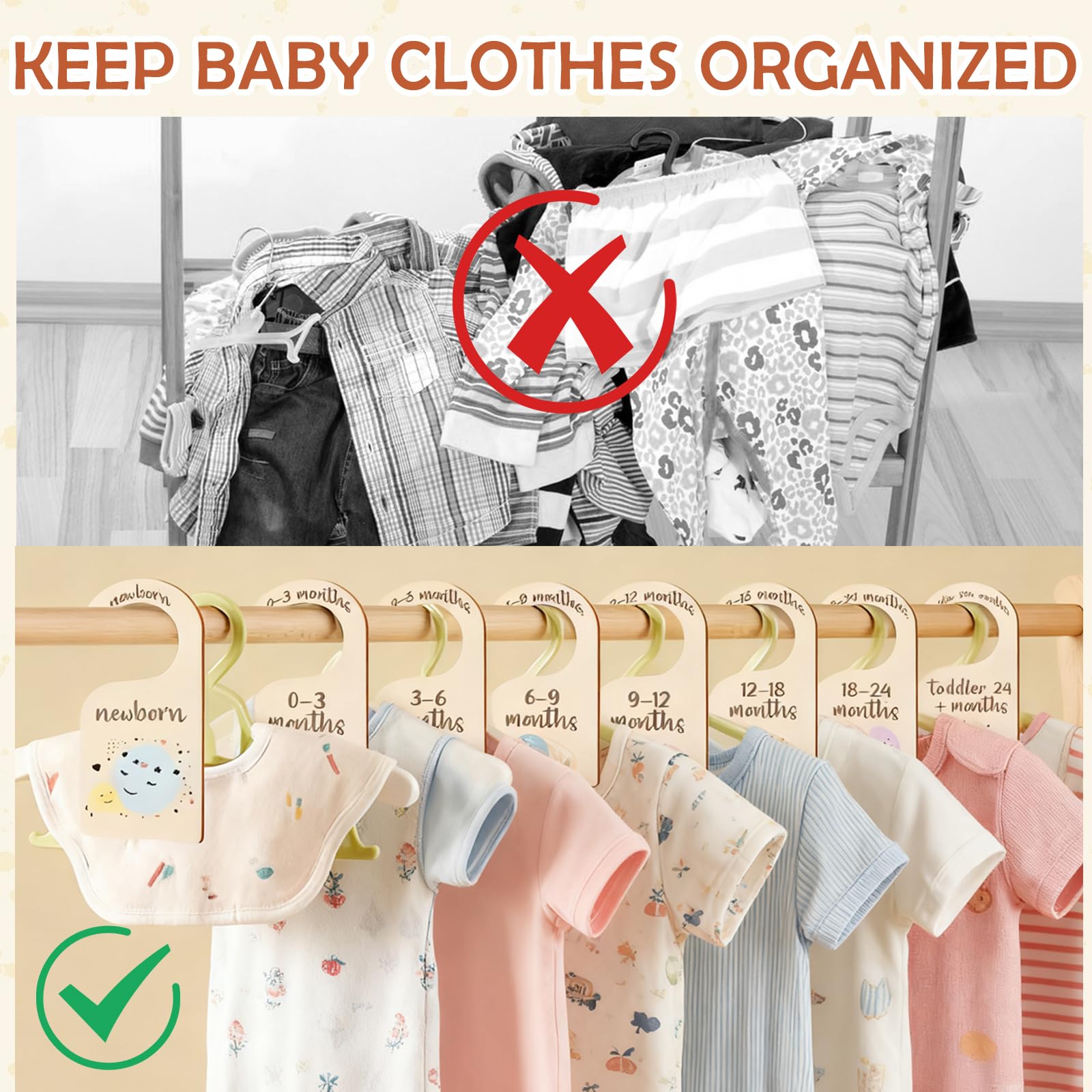 8 Piezas Separadores de Madera para Armario Infantil - Organizadores de Ropa de Bebé Desde Recién Nacido hasta 24 Meses - Decoración para Percha de Guardería para Niños y Niñas - Tamaño 7.5x16CM