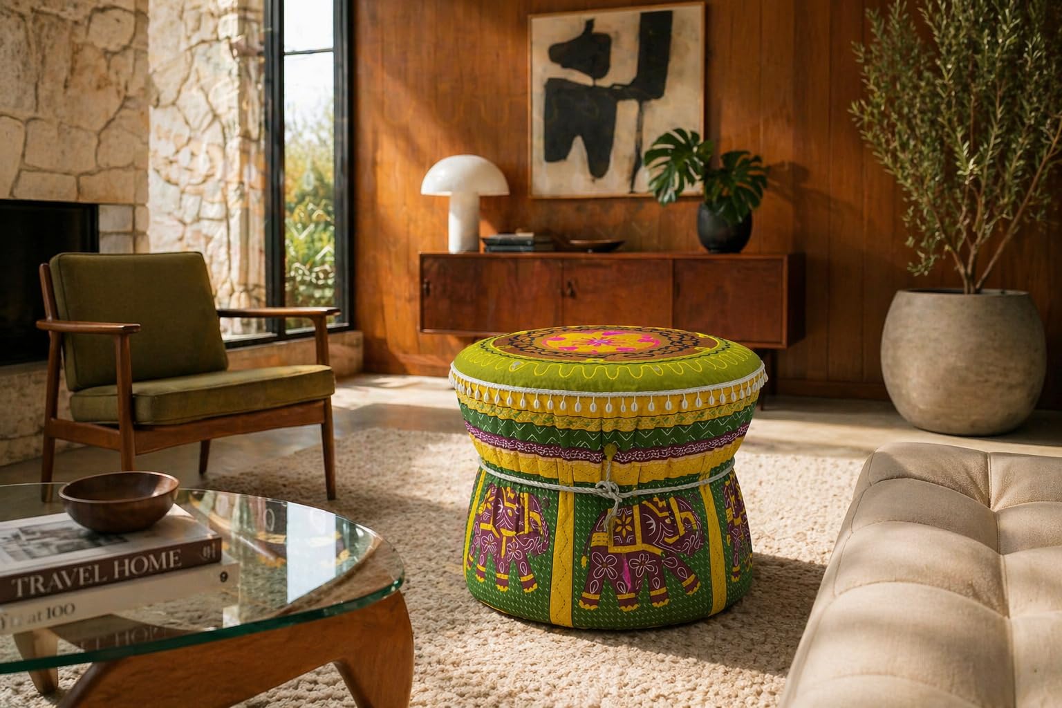 Muda Cover Green & Yellow Colorful Elephant Pure Cotton Pouffs with Floral Embroidery Decorative Footstool Mudda Cover for Living Room & Balcony Seating Set of 1 Piece Mudda Cover ONLY-image-27
