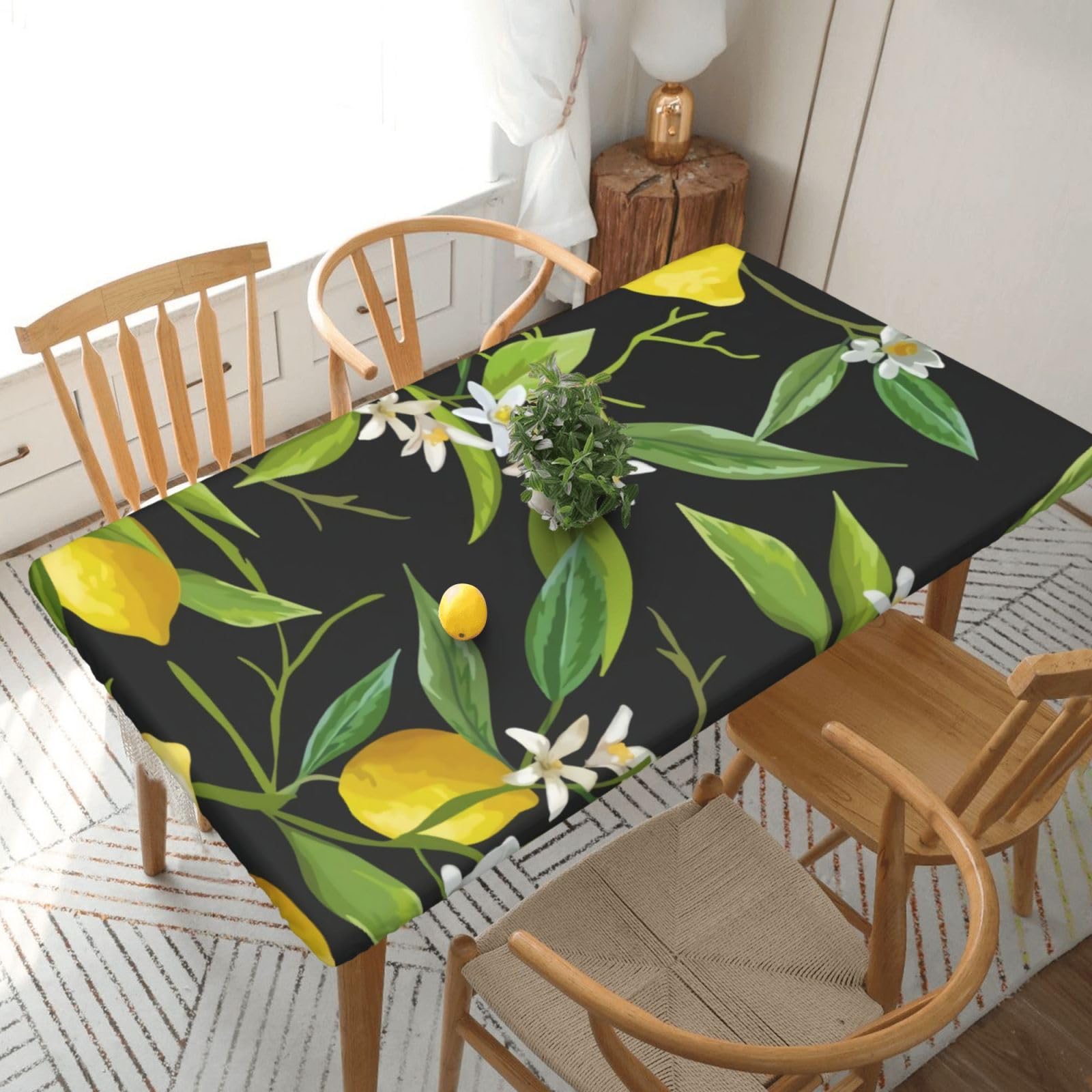 BNVSADC Lemon and Flower Printed 5FT Tablecloth Polyester Kitchen Water Resistant Table Cloth Dining Table Decoration Table Covers, 152x76 CM