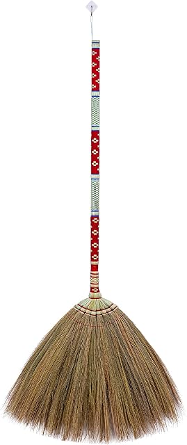 SN SKENNOVA - 40 inch Tall of Asian Natural Grass Broom with Woven Nylon Thread Handle for Sweeping Debris Dirt Dust Leaves on Tile, Cement, Dry Floor (Thai Pattern 2, Red)