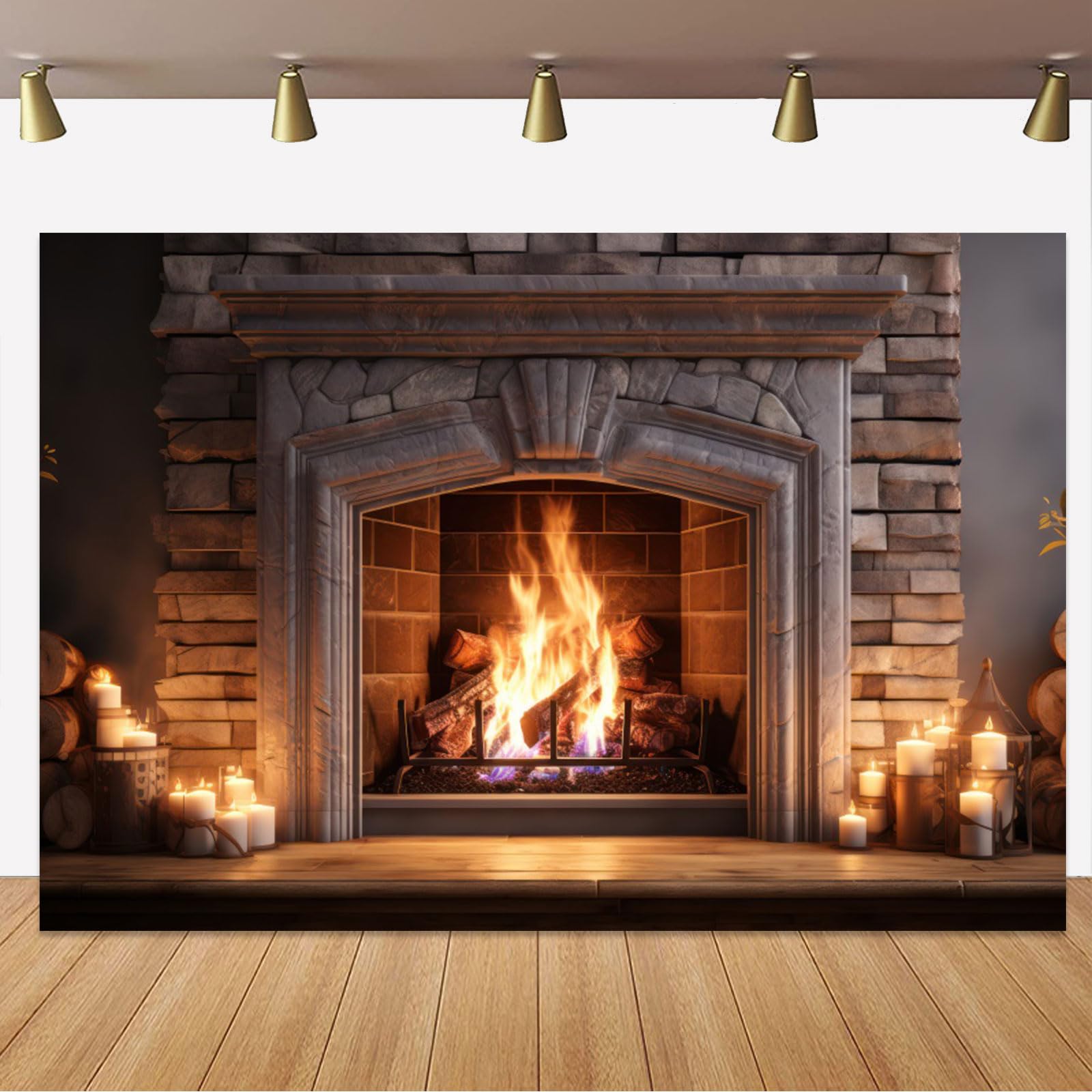 Yeele 10x8ft Christmas Fireplace Backdrop Burning Firewoods White Brick Photography Background Merry Christmas Eve Night Wall Decoration Vinyl