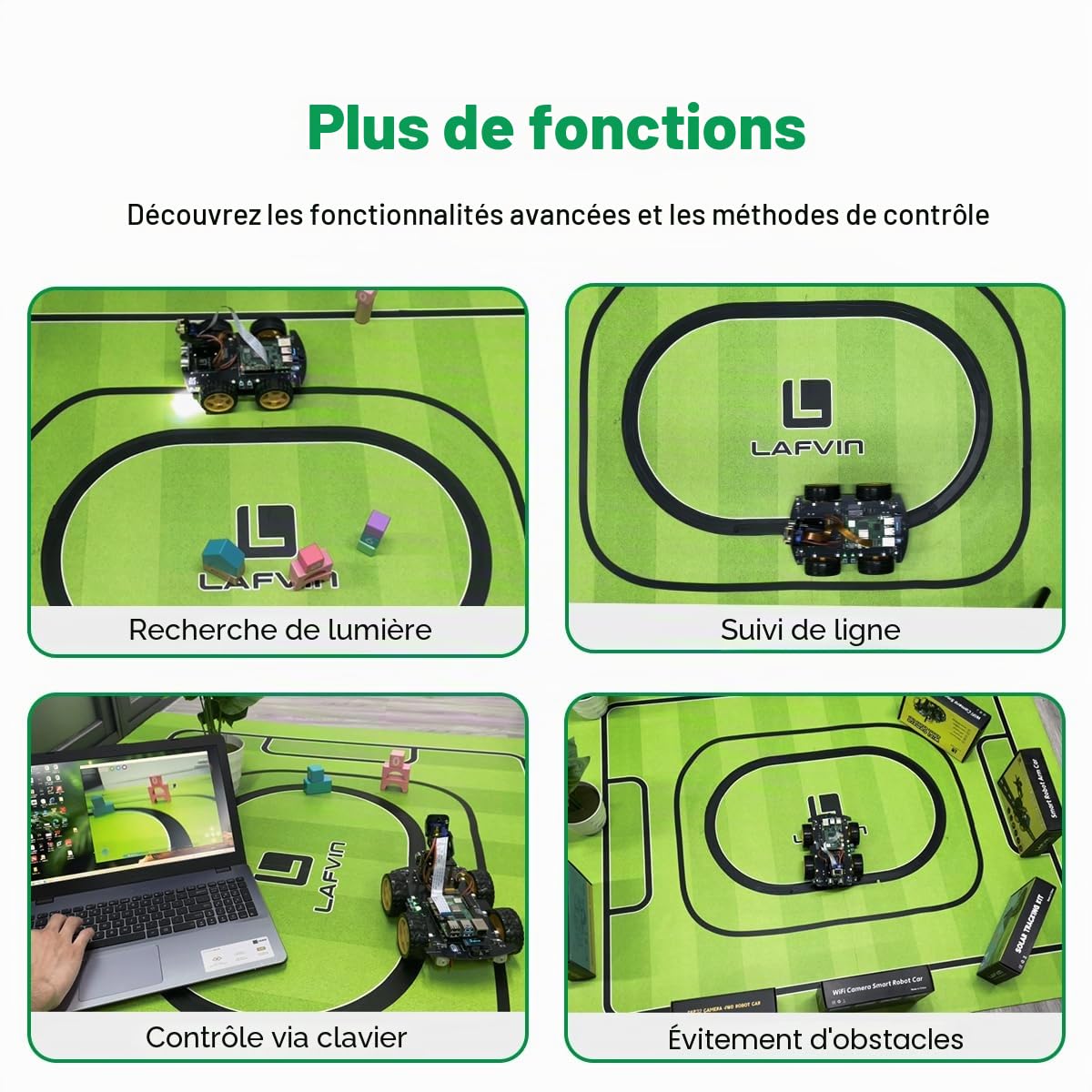 LAFVIN Kit de voiture intelligente 4WD pour Raspberry Pi 5/4B/3B+/3B/2B/1B+ avec tutoriel, robot intelligent multifonction avec appareil photo (Raspberry Pi non inclus)