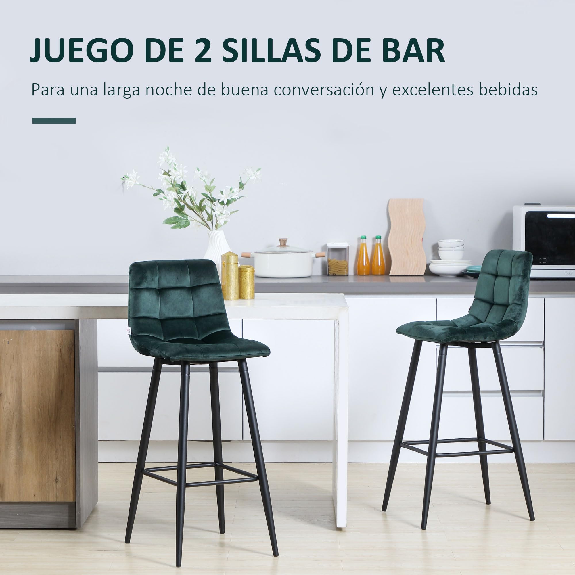 HOMCOM Juego de 2 Taburetes Altos de Cocina con Respaldo Reposapiés Verde