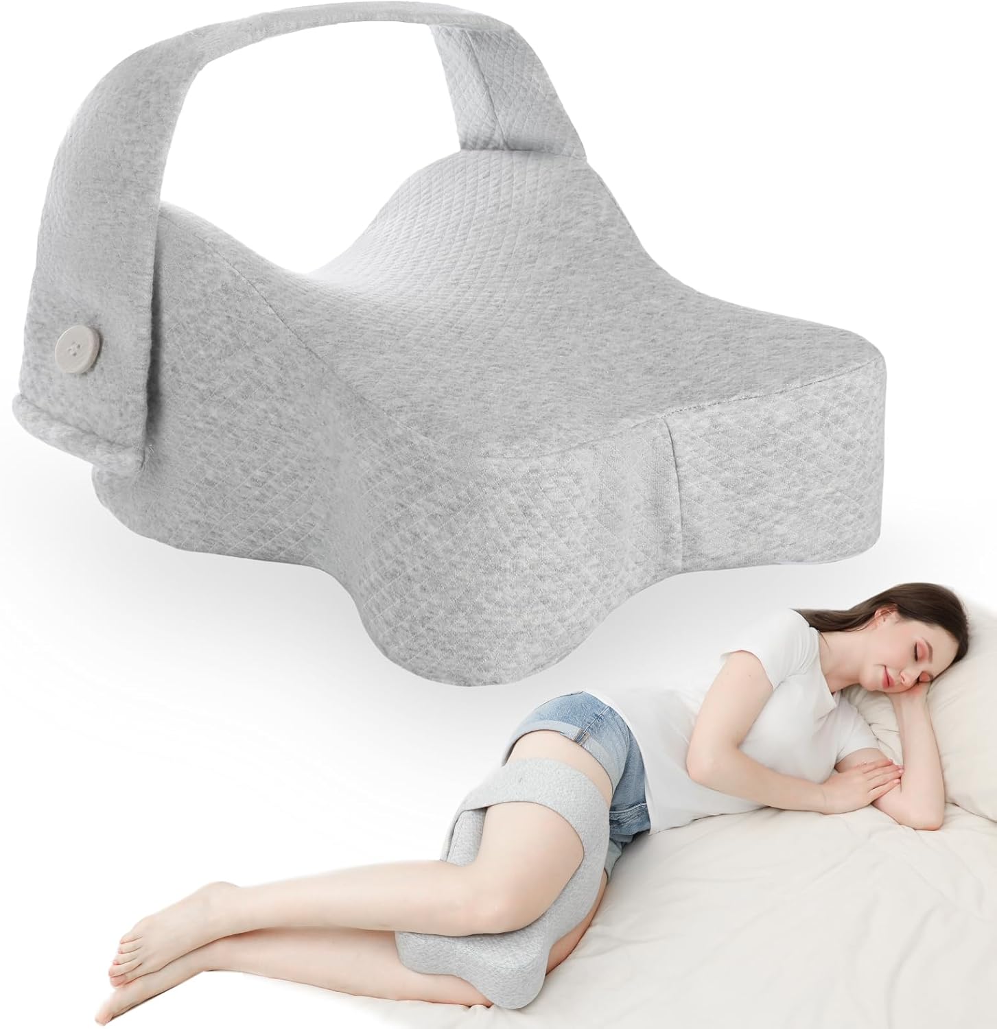 Pregnancy Knee Pillow for Side Sleepers with Strap, Memory Foam Leg Pillow for Sciatica Pain Relief, Hip & Back Support, Alignment Cushion for Pregnant Women, Post Surgery Leg Elevation (White)