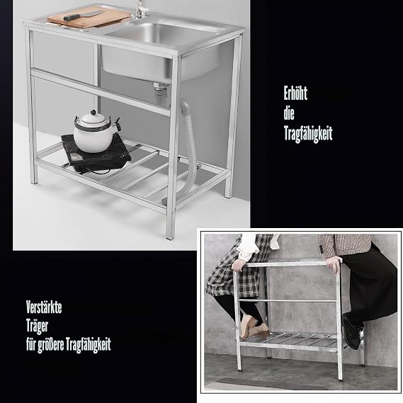 304 Stainless Steel Single Bowl Basin Kitchen Sink Freestanding Sink for Outdoor Use Commercial Kitchen Sink 304 Stainless Steel Hand Sink Single Bowl for Laundry Backyard Garage (Size