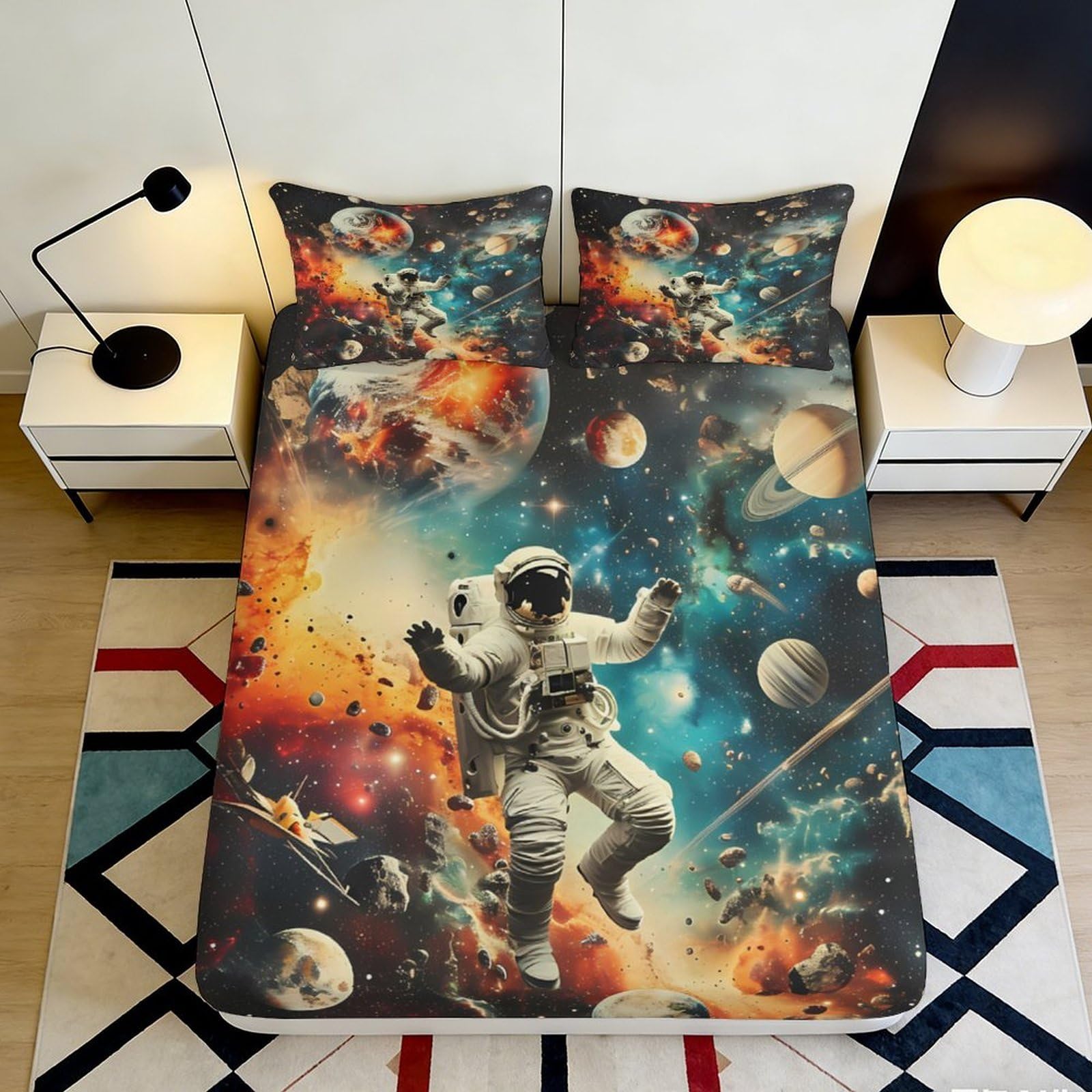 3D Printed Astronaut Galaxy Fitted Sheet Microfiber Soft Breathable Space Nebula Bed Cover for Bedroom Decor Mattress Protection 200x200x25cm