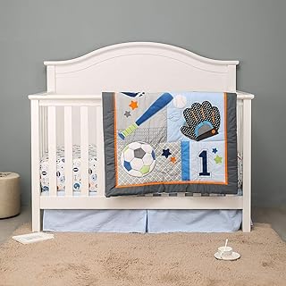 3 PCs Blue Grey Sports Themed Nursery Crib Bedding Set Baby Boy Emboirdery Ruby Baseball Cot Bedding Set Quilt Fitted Sheet Skirt