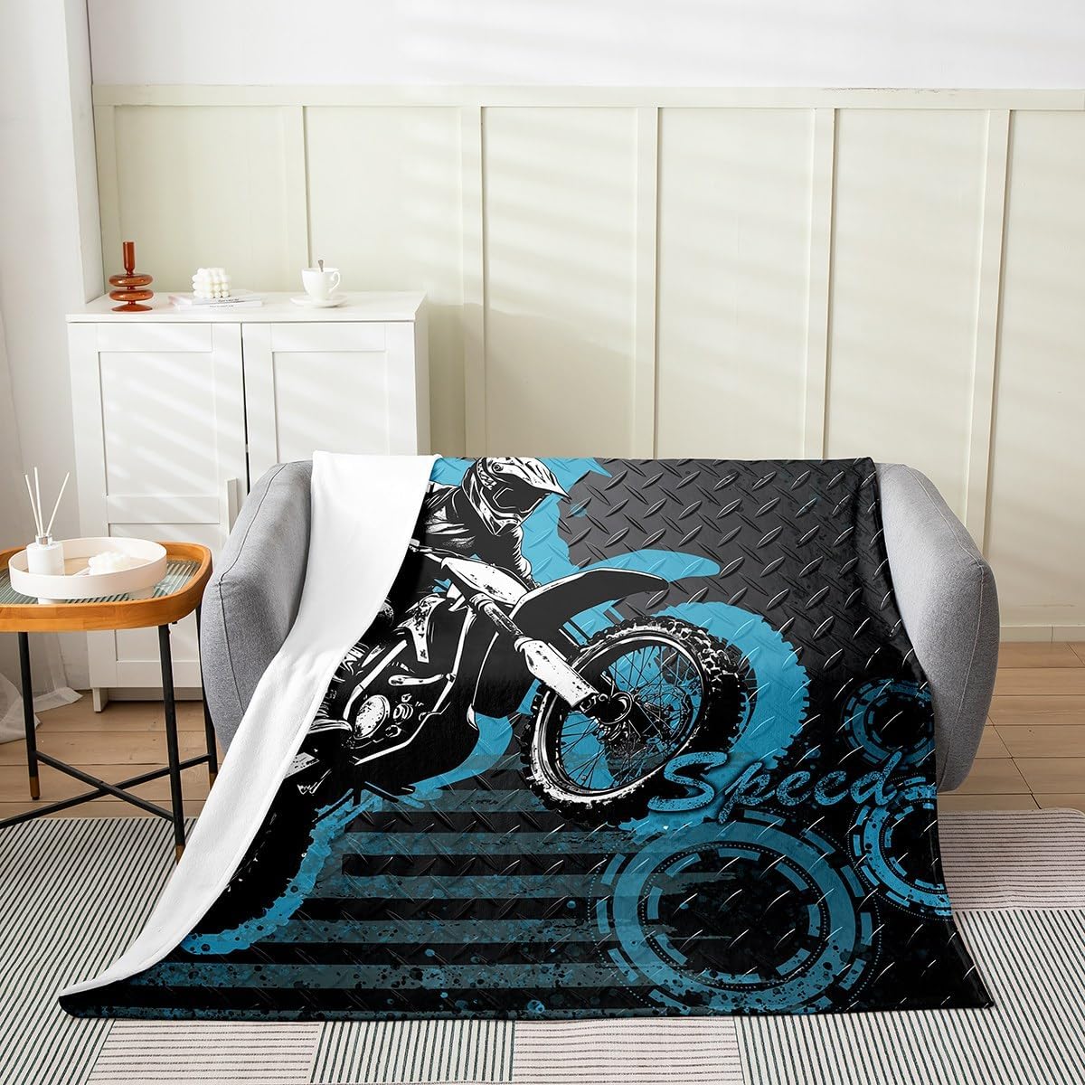 Motorcycle Flannel Fleece Blankets Throw Size,Super Soft Cozy Dirt Bike Plush Blankets,Lightweight Microfiber Blue Graffiti Throw Blanket for Couch Sofa Bed,50x60 Inches