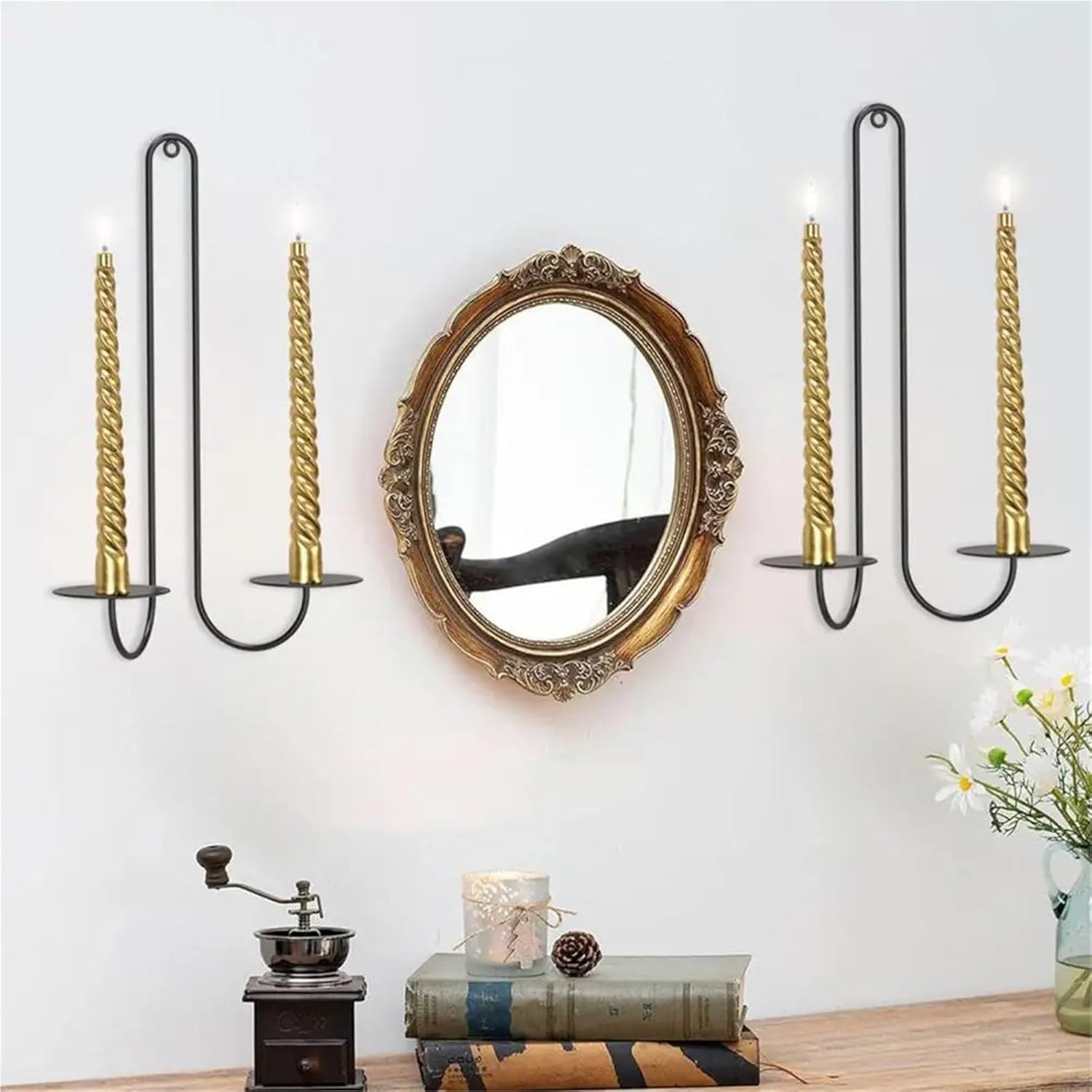 Metal Wall Candle Holder 1 Pair Iron Candle Holder Libra Style Wall Hanging Candle Sconce Decorative Candle Tray for Living Room Dining Room Home Decor for Living Room(Black B)