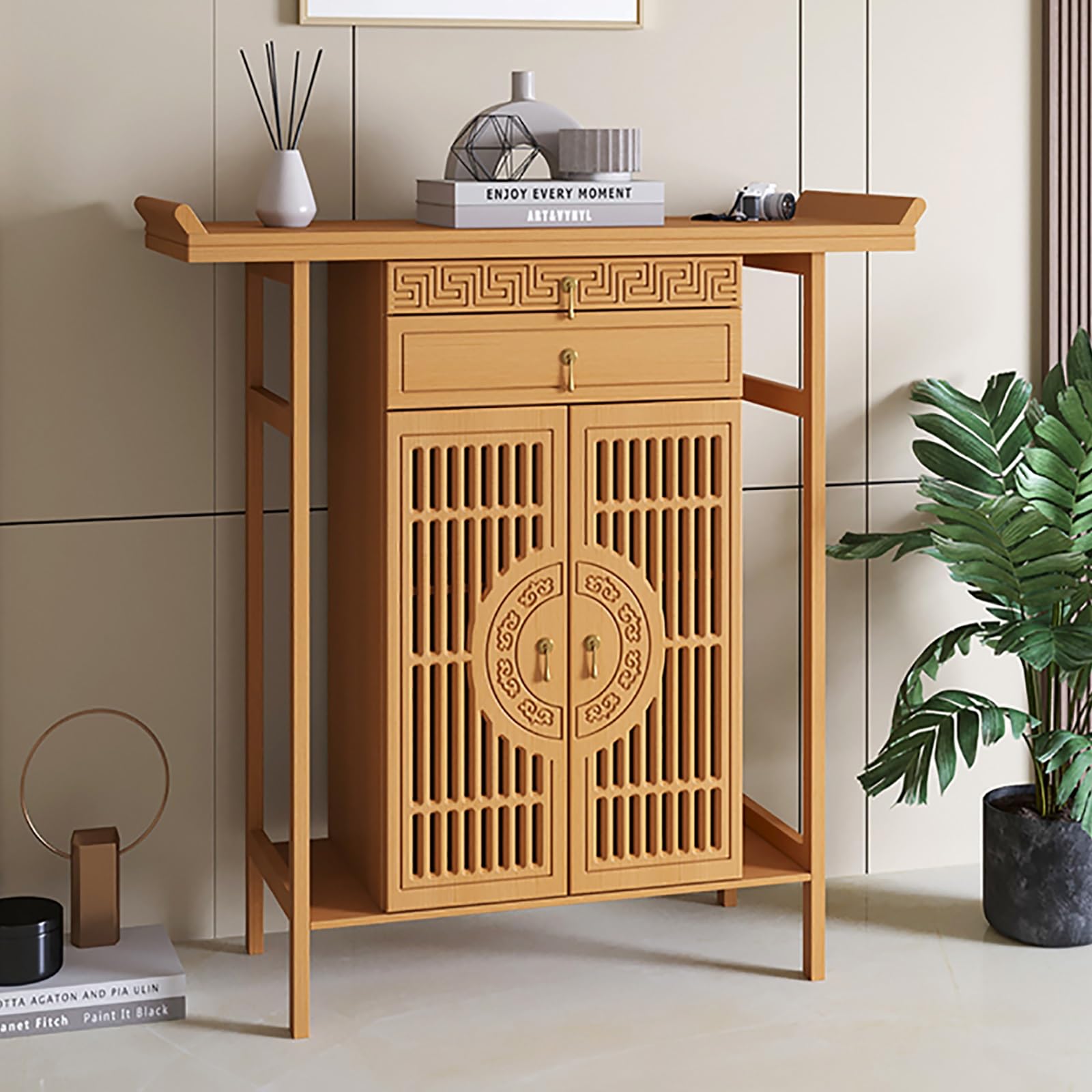 JNTFNE Chinese Personal Shrine Altar, Meditation Altar Table with Pull-Out Storage Board, Bamboo Pooja Cabinet Prayer Table, for Prayer, Divination, and Worship(Beige,100cm/39.4in)