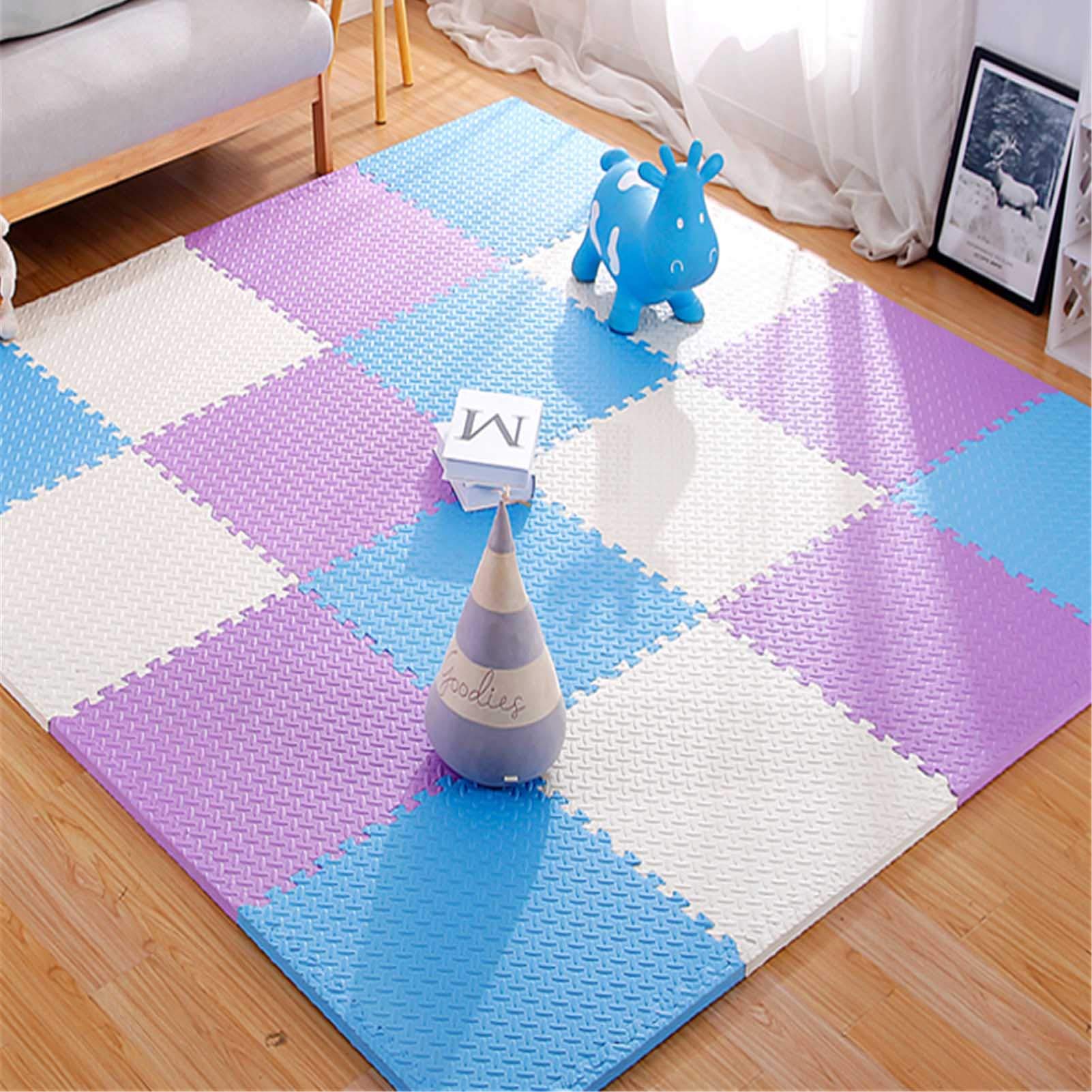 Alfombrilla De Rompecabezas De EVA Suave Para Niños, Baldosas Rompecabezas De Espuma Entrelazadas Con Bordes Adecuada Para Gimnasio Área Juegos Para Bebés Ejercicio Yoga,White+purple+light blue,6