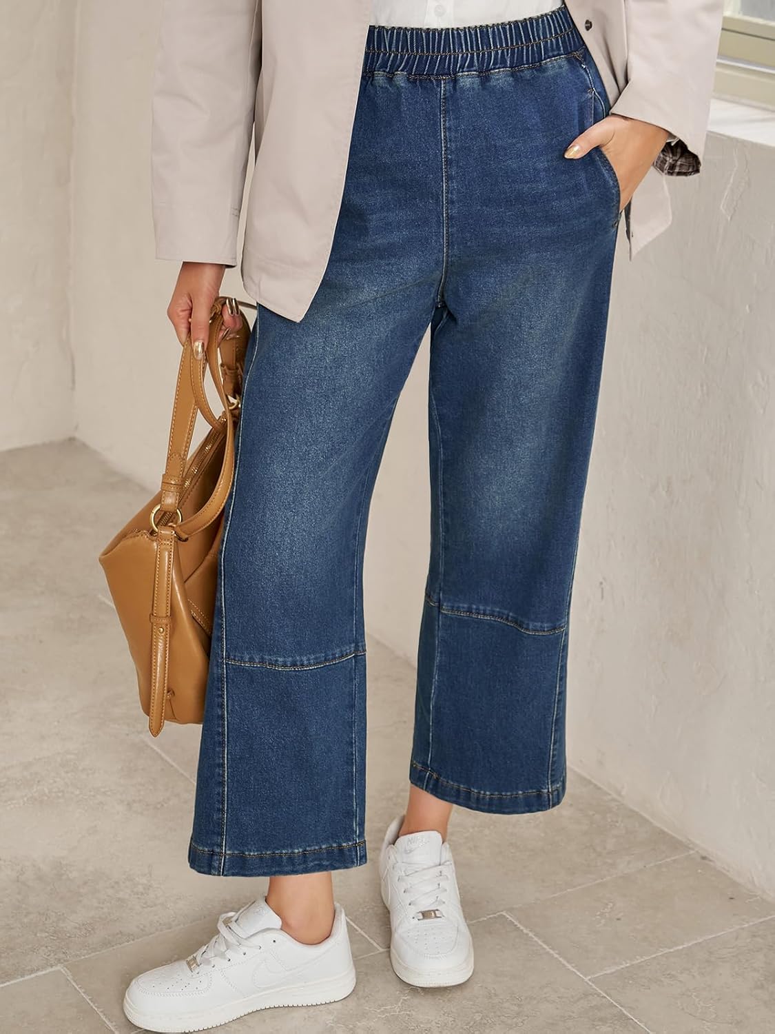 Cicy Bell Womens Baggy Cropped Jeans Elastic High Waisted Wide Leg Trendy Stretchy Seam Barrel Capri Denim Pants - Image 2