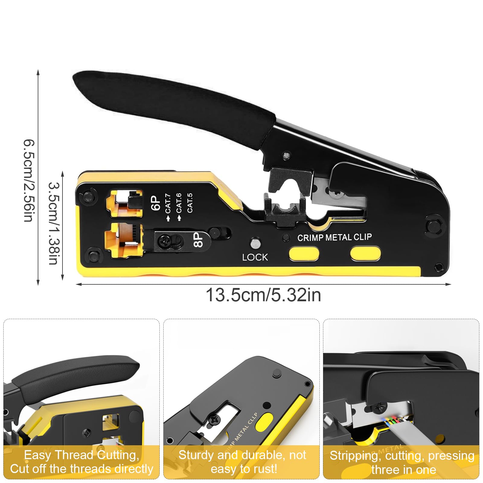 Zestaw narzędzi zaciskowych RJ45, zestaw zacisków Ethernet do Cat5, Cat6, Cat7, 6P i 8P, zestaw naprawczy z testerem kabli, mini szczypce do ściągania izolacji, 50 x wtyk RJ45 i złącza przelotowe