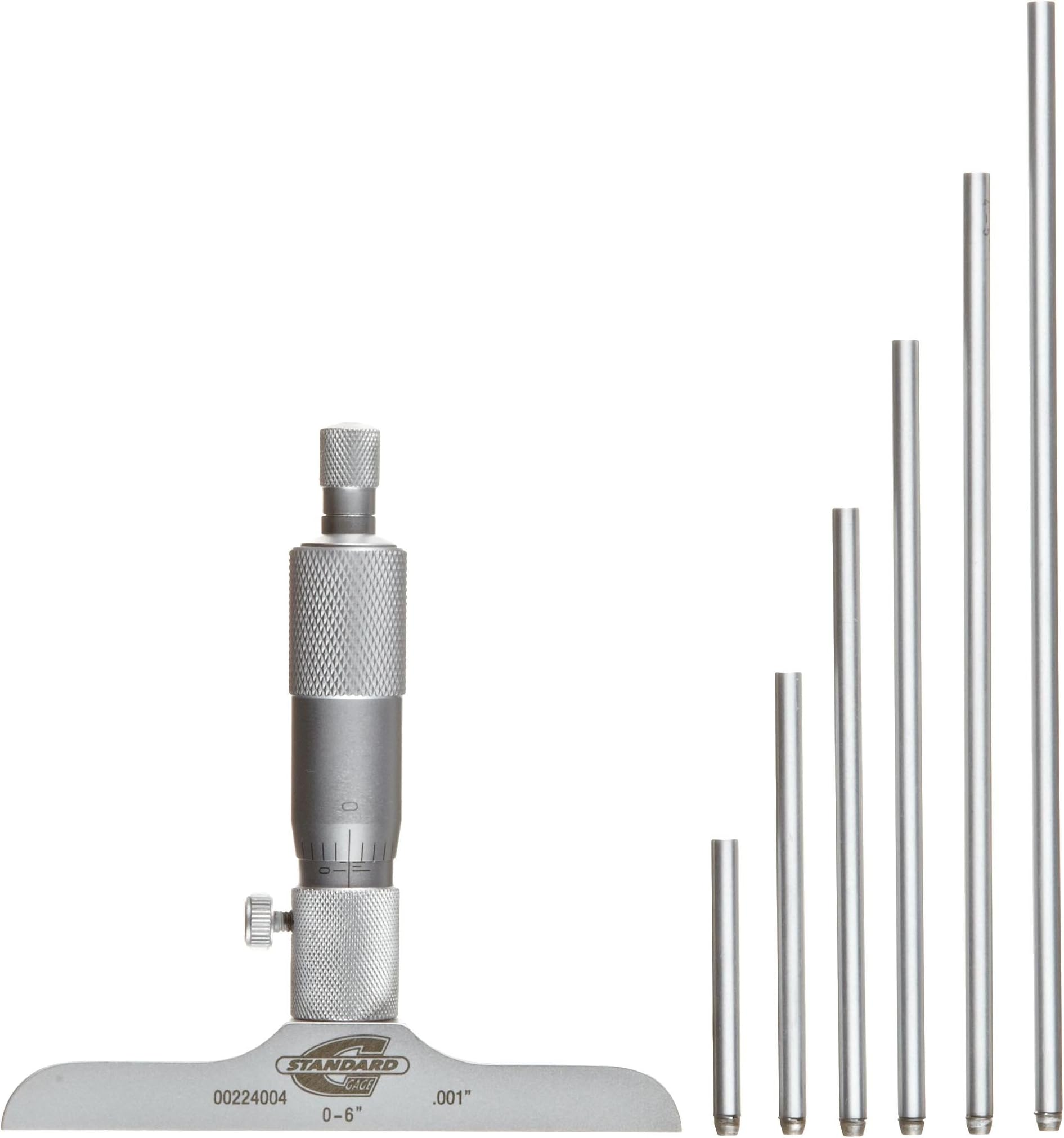 00224003 Value Vernier Depth Gauge, Micrometer Type, 0-4" Range, 0.001" Graduation, +/-0.00020" Accuracy, 4" Base, 4 Rod
