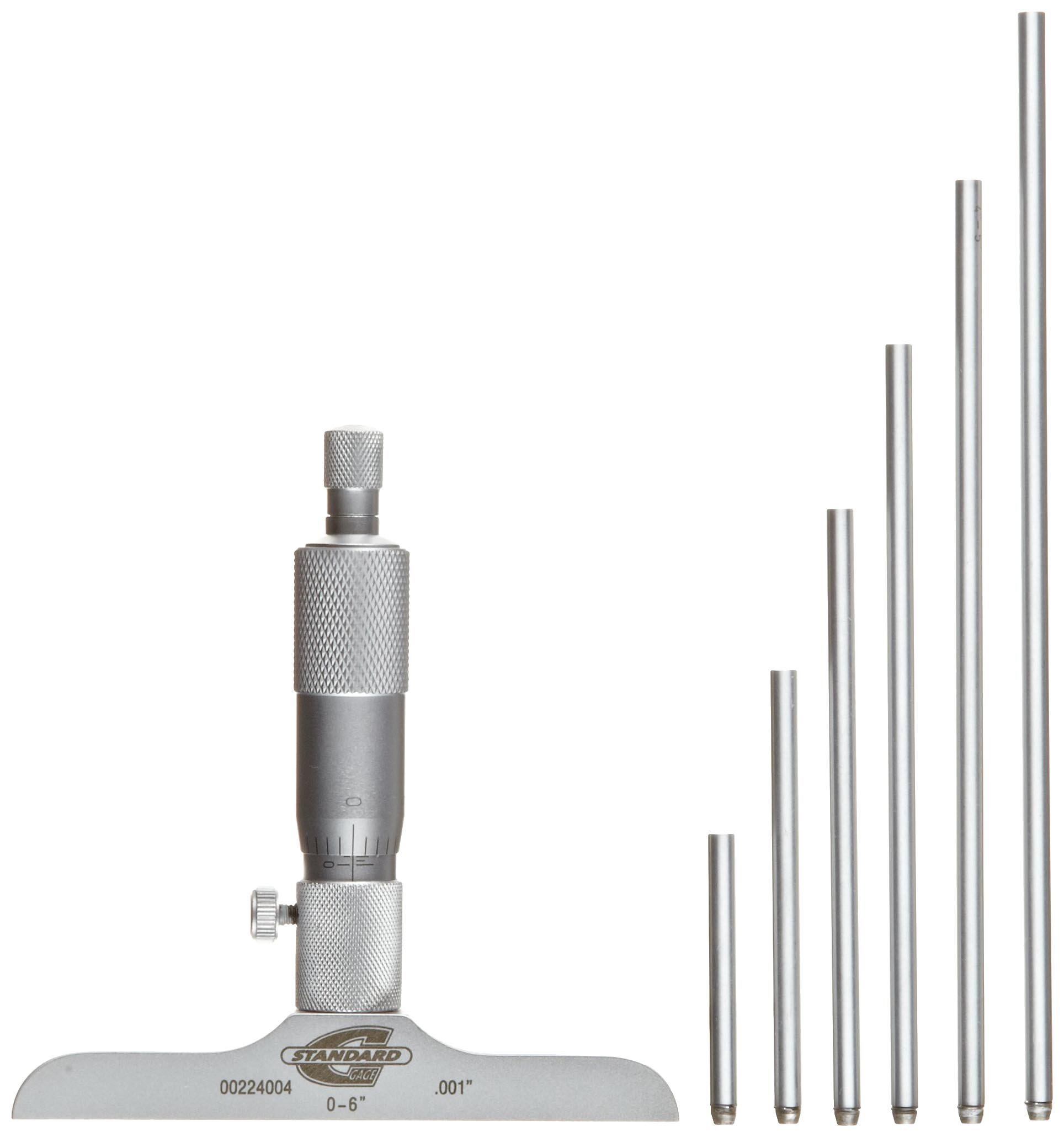 00224003 Value Vernier Depth Gauge, Micrometer Type, 0-4" Range, 0.001" Graduation, +/-0.00020" Accuracy, 4" Base, 4 Rod