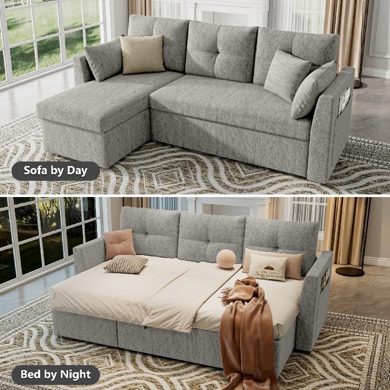 Image of Huatean Home Sleeper Sofa Couch, 2 in 1 Sectional Sleeper Couch Bed with Side Pocket, Pullout Sofa Bed with Storage Chaise for Living Room, Light Grey